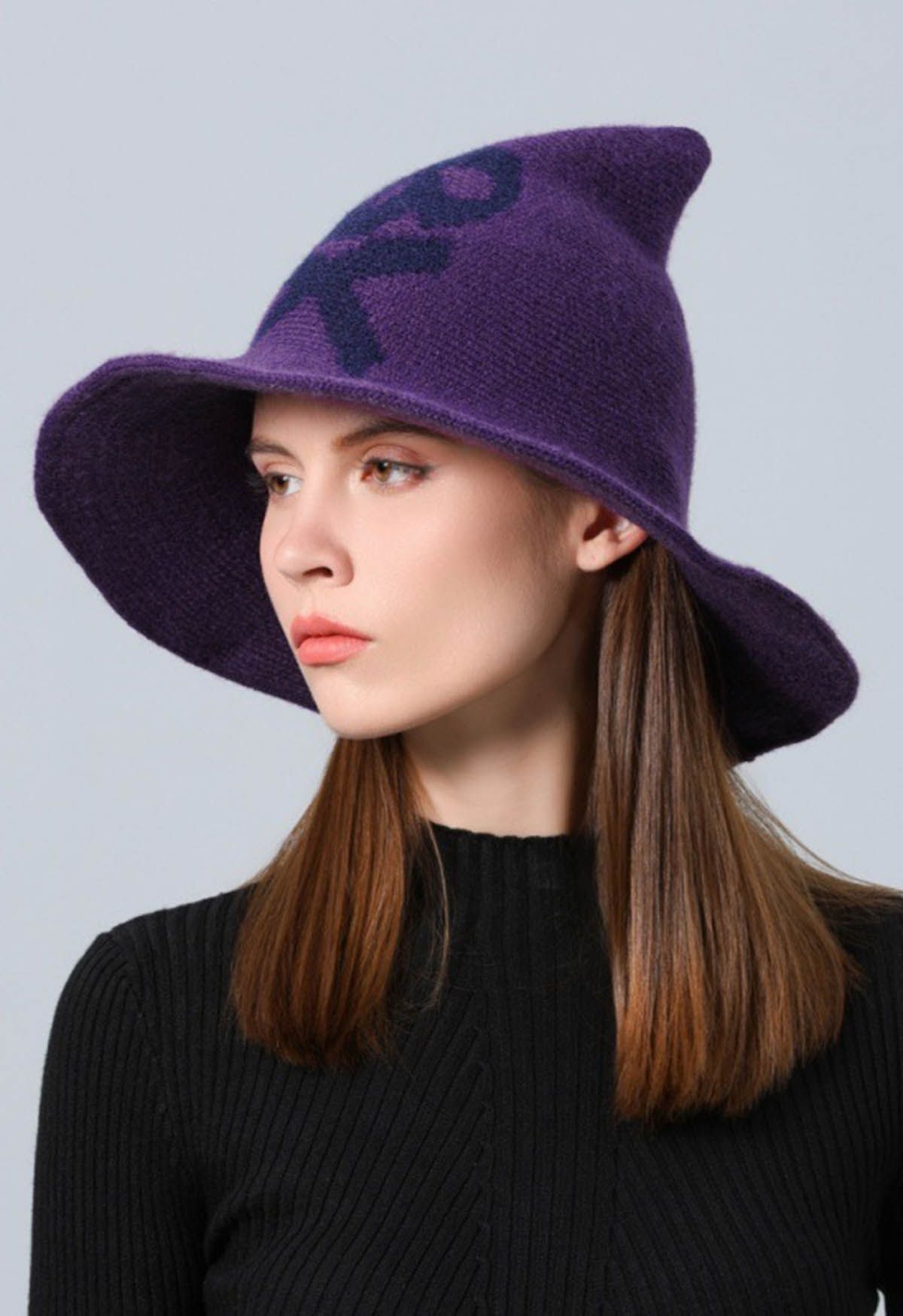 Chapeau de sorcière en laine mélangée à motif de crâne en violet