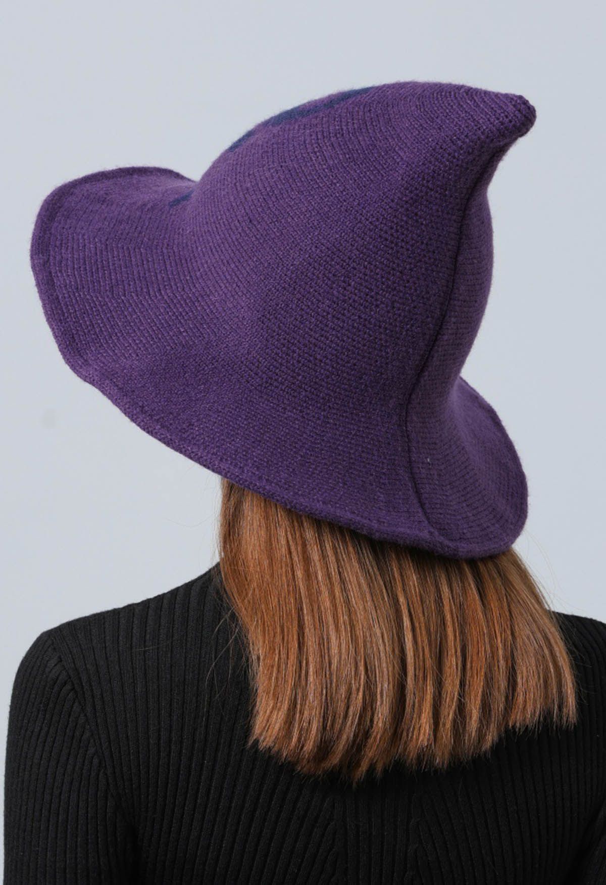 Chapeau de sorcière en laine mélangée à motif de crâne en violet