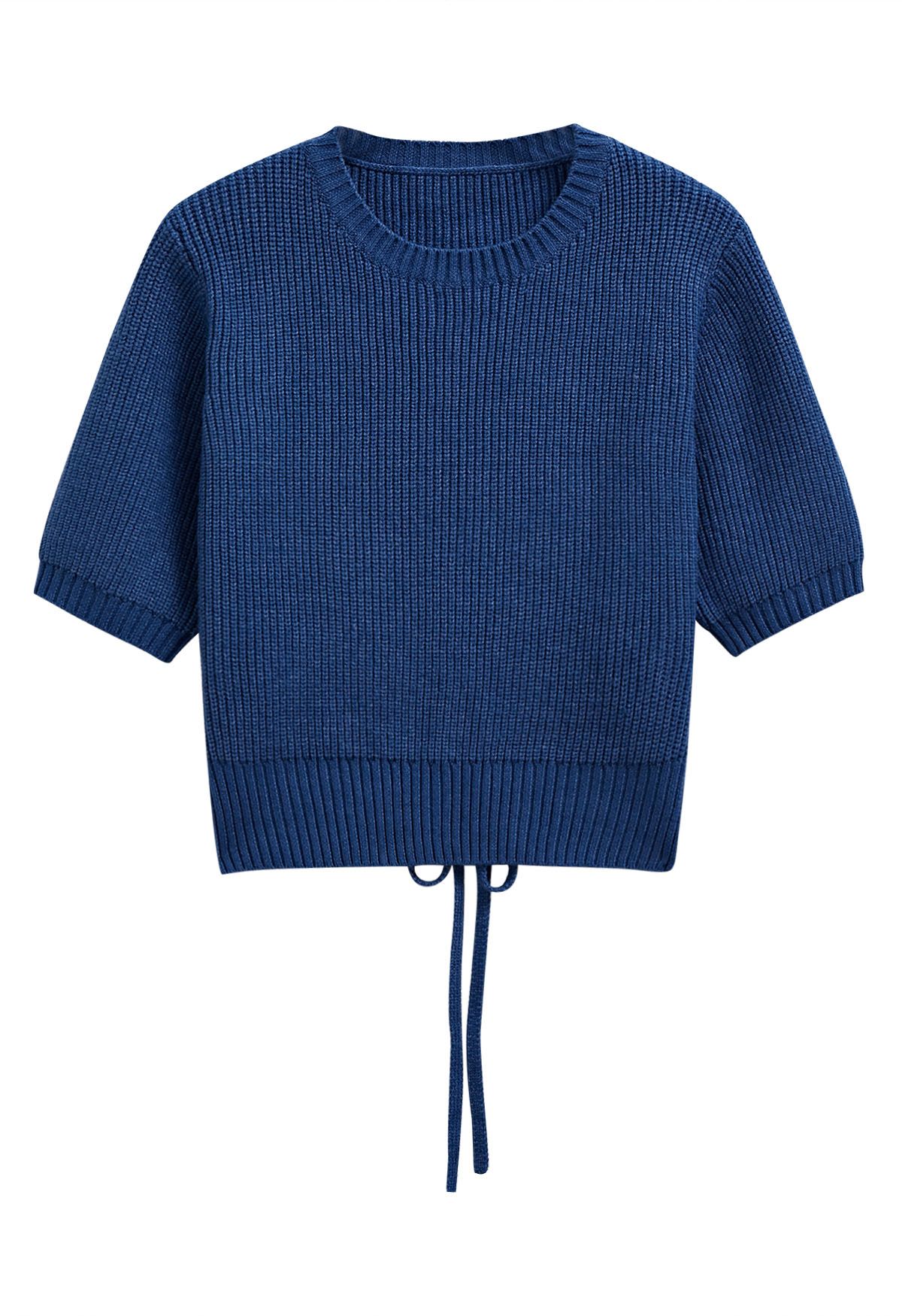 Pull en maille côtelée avec cordon de serrage dans le dos, bleu marine