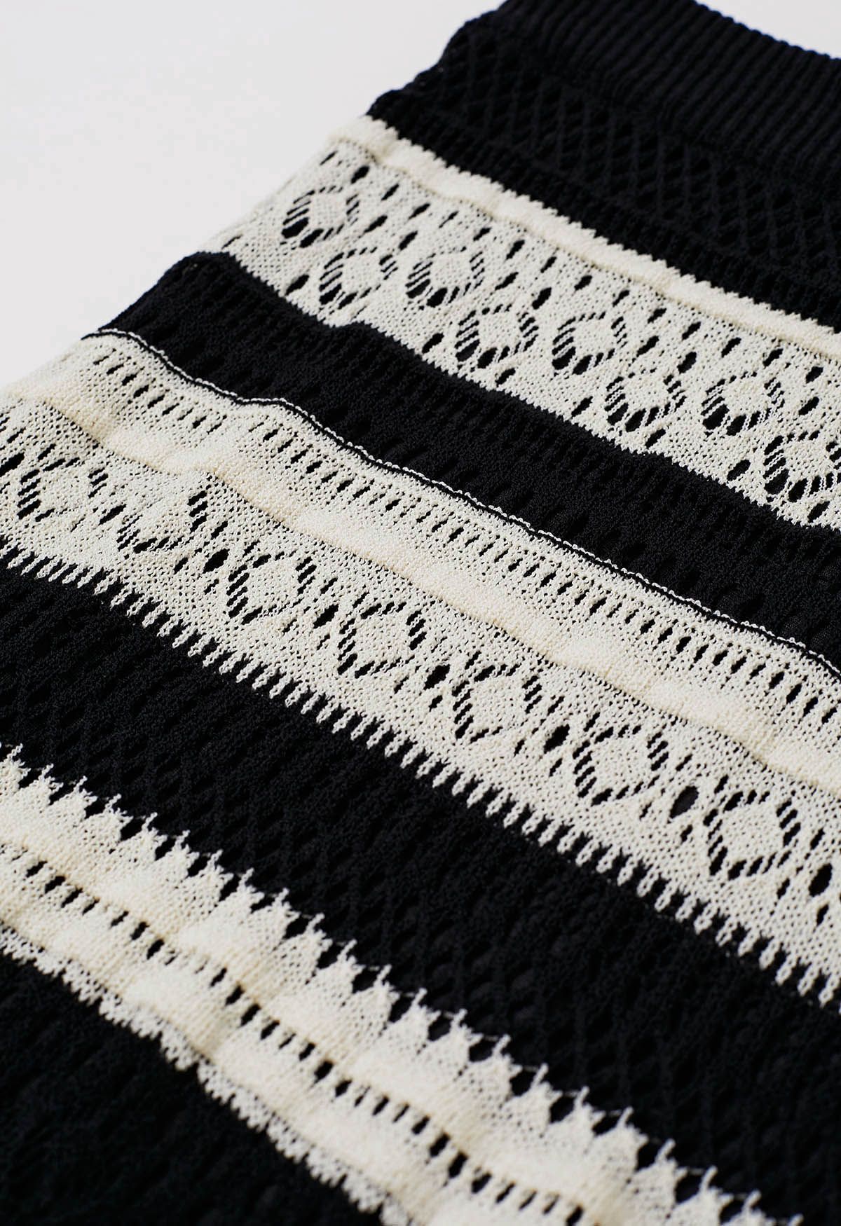 Jupe mi-longue en tricot à rayures en dentelle pointelle noire