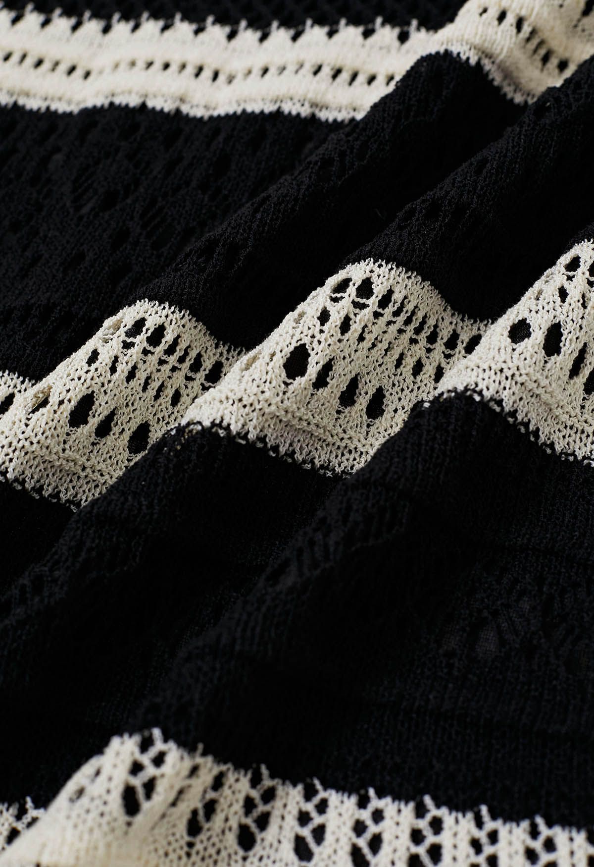 Jupe mi-longue en tricot à rayures en dentelle pointelle noire