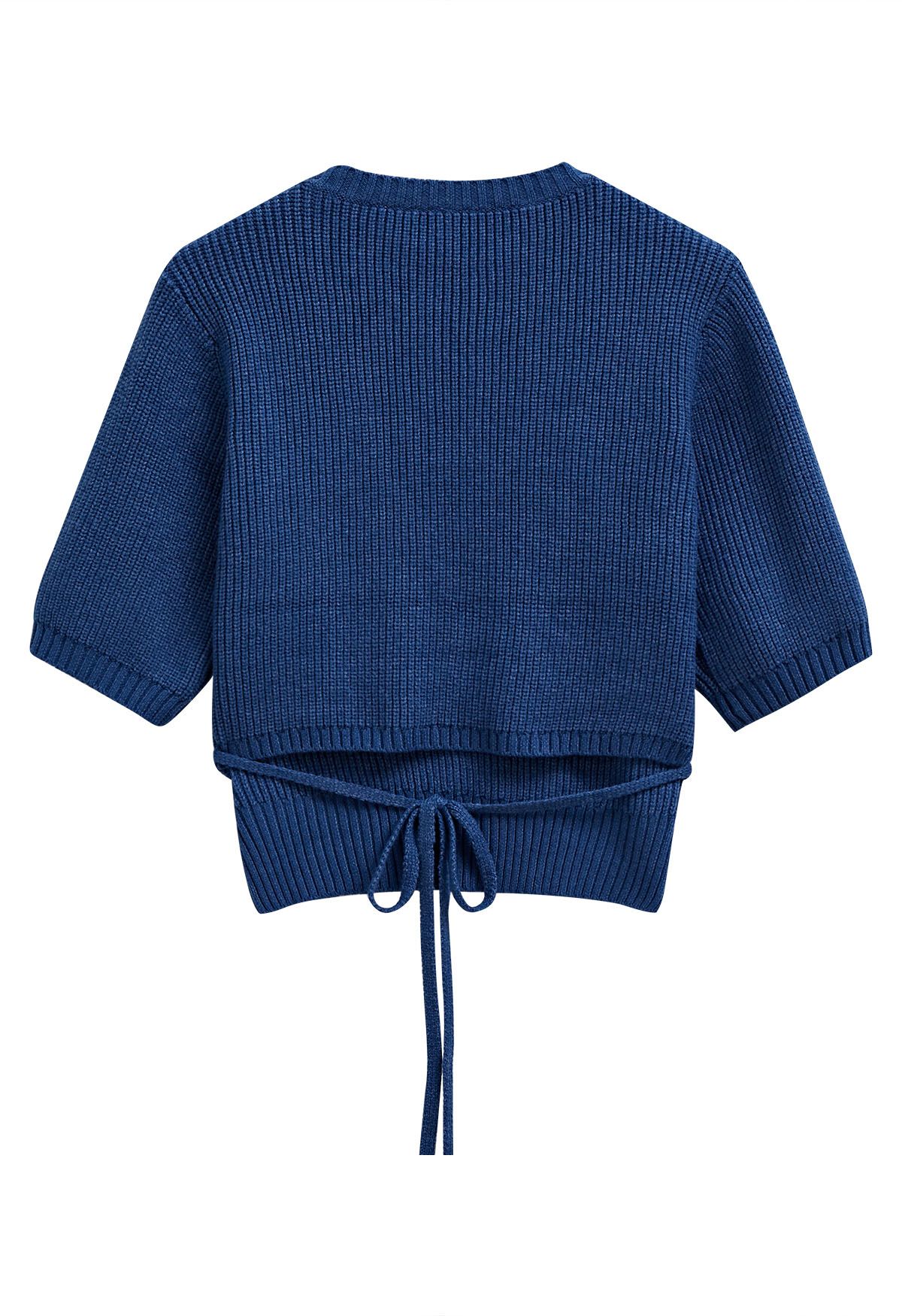 Pull en maille côtelée avec cordon de serrage dans le dos, bleu marine