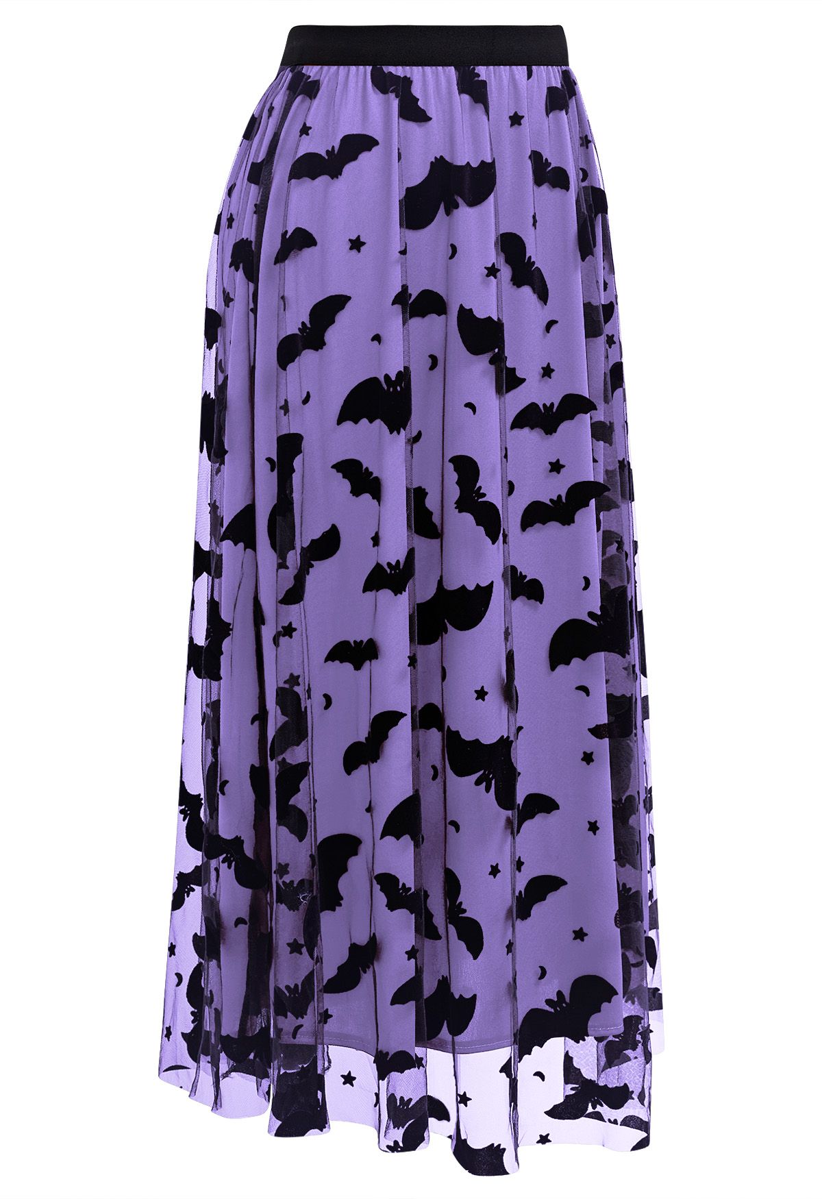 Jupe mi-longue en tulle et maille à motif chauve-souris en velours violet