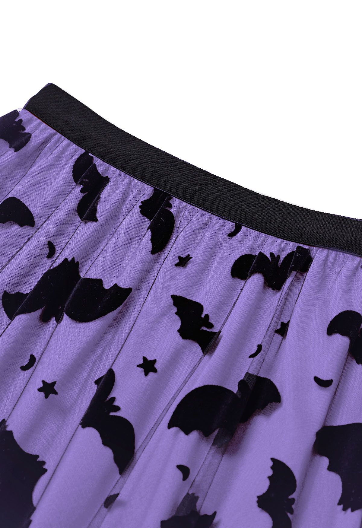 Jupe mi-longue en tulle et maille à motif chauve-souris en velours violet