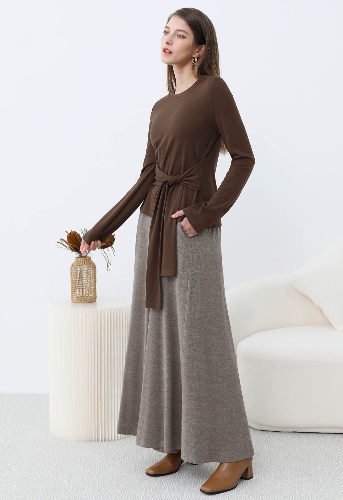 Haut en coton à taille nouée Embrace Softness en marron