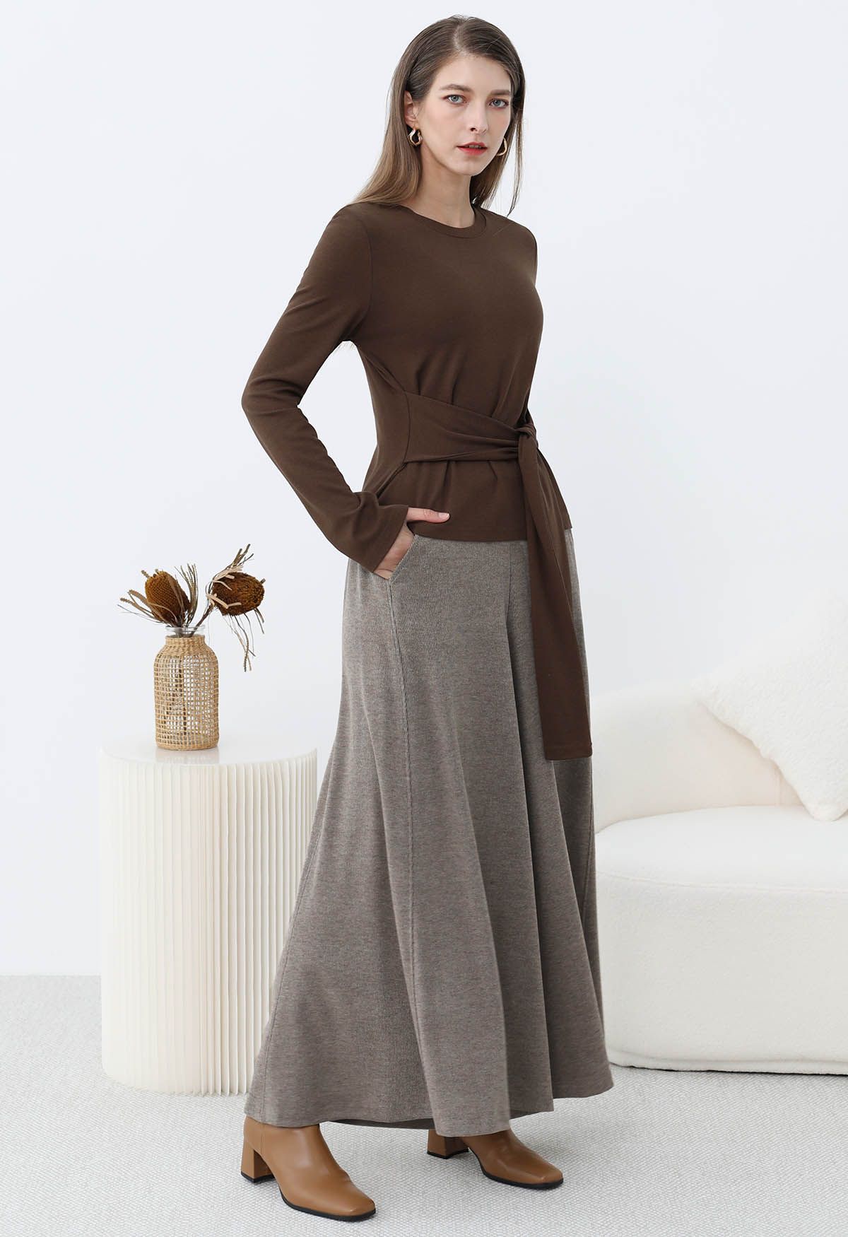 Haut en coton à taille nouée Embrace Softness en marron