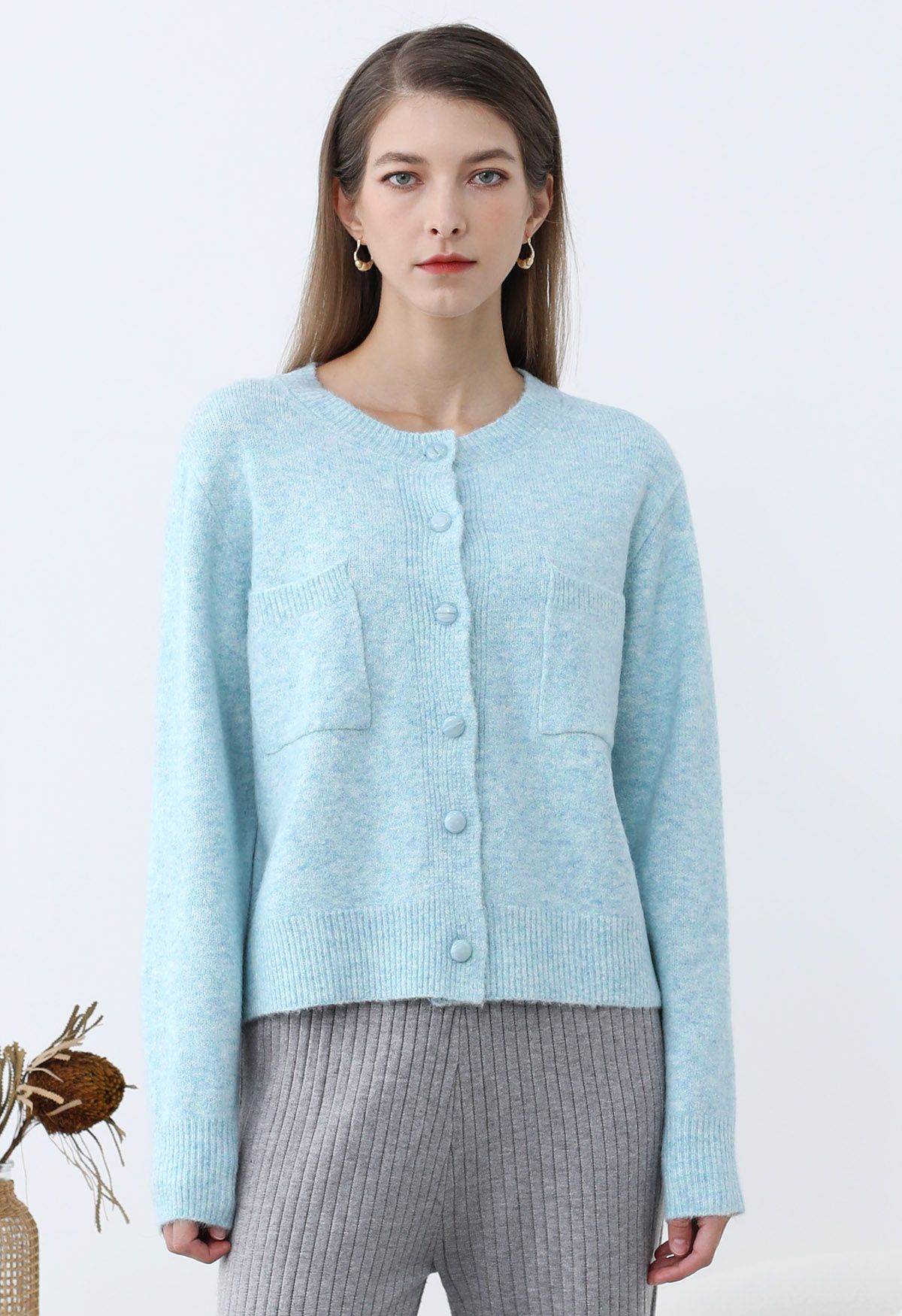 Cardigan boutonné en tricot avec poches plaquées Toasty en bleu bébé