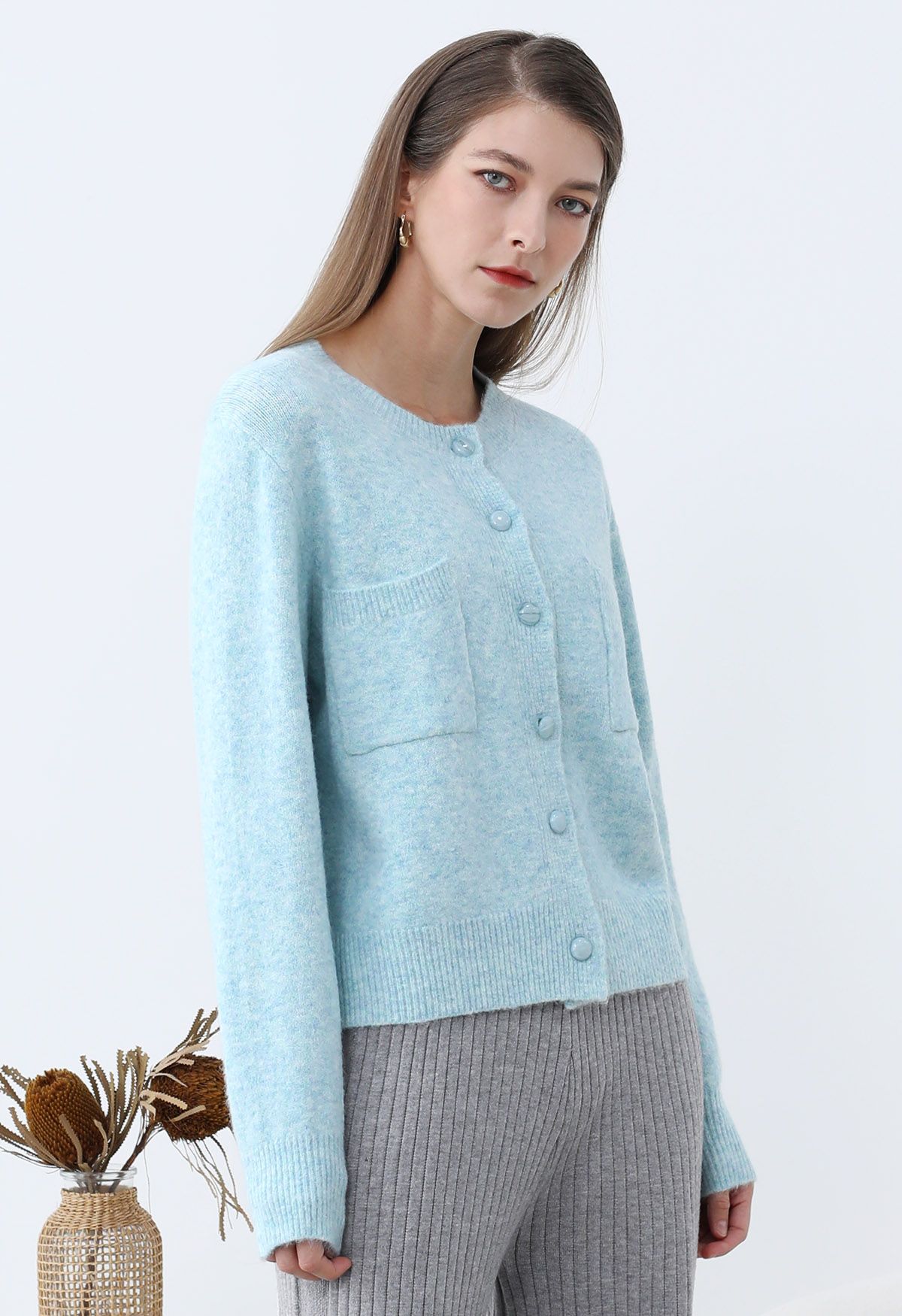 Cardigan boutonné en tricot avec poches plaquées Toasty en bleu bébé