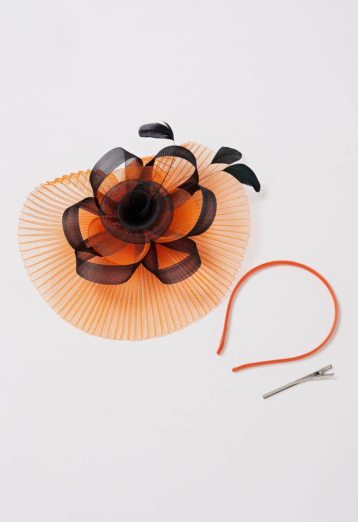 Bandeau à fleurs en maille plissée avec pince à cheveux en orange