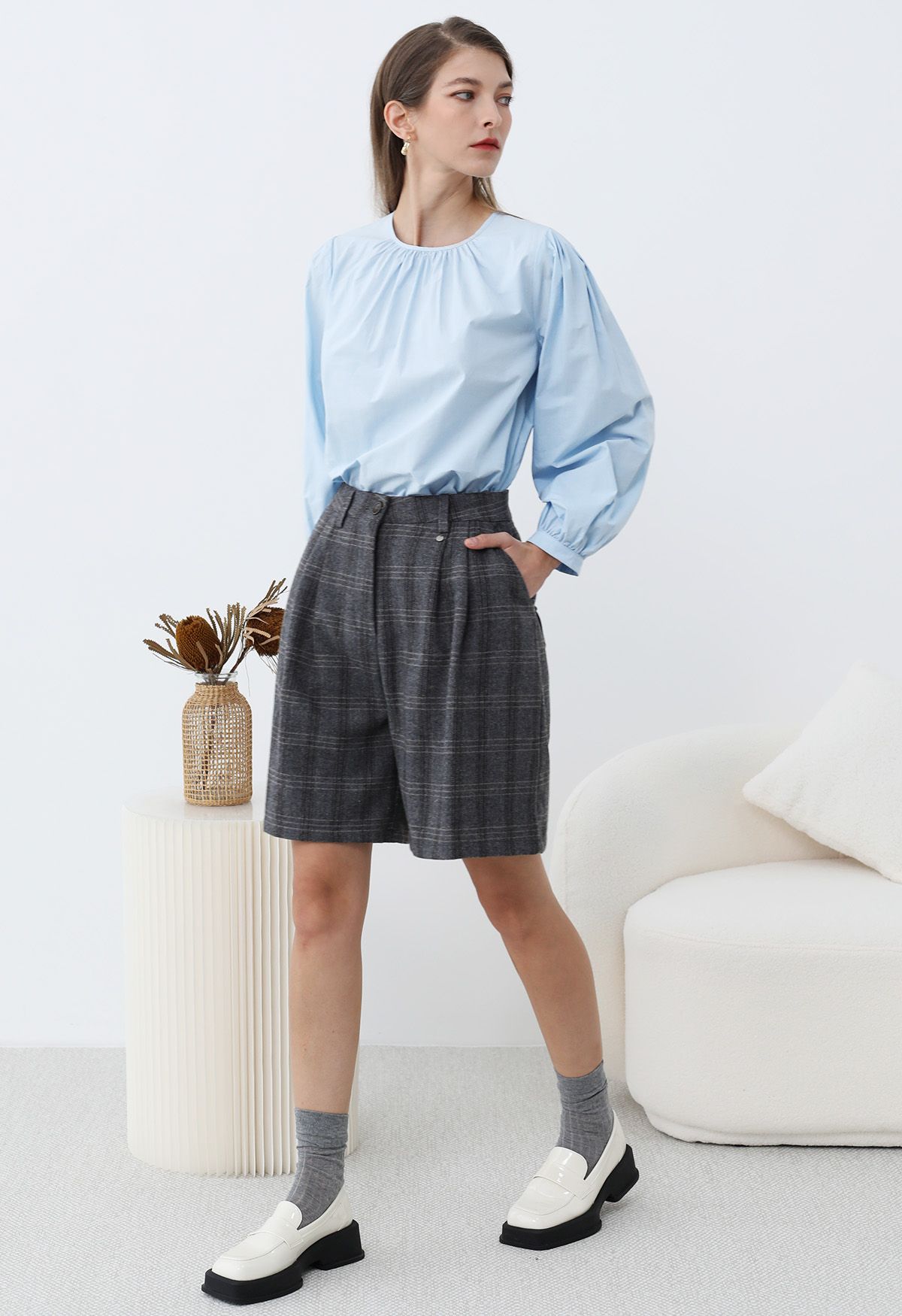 Chemise décontractée en coton à manches bouffantes en bleu ciel