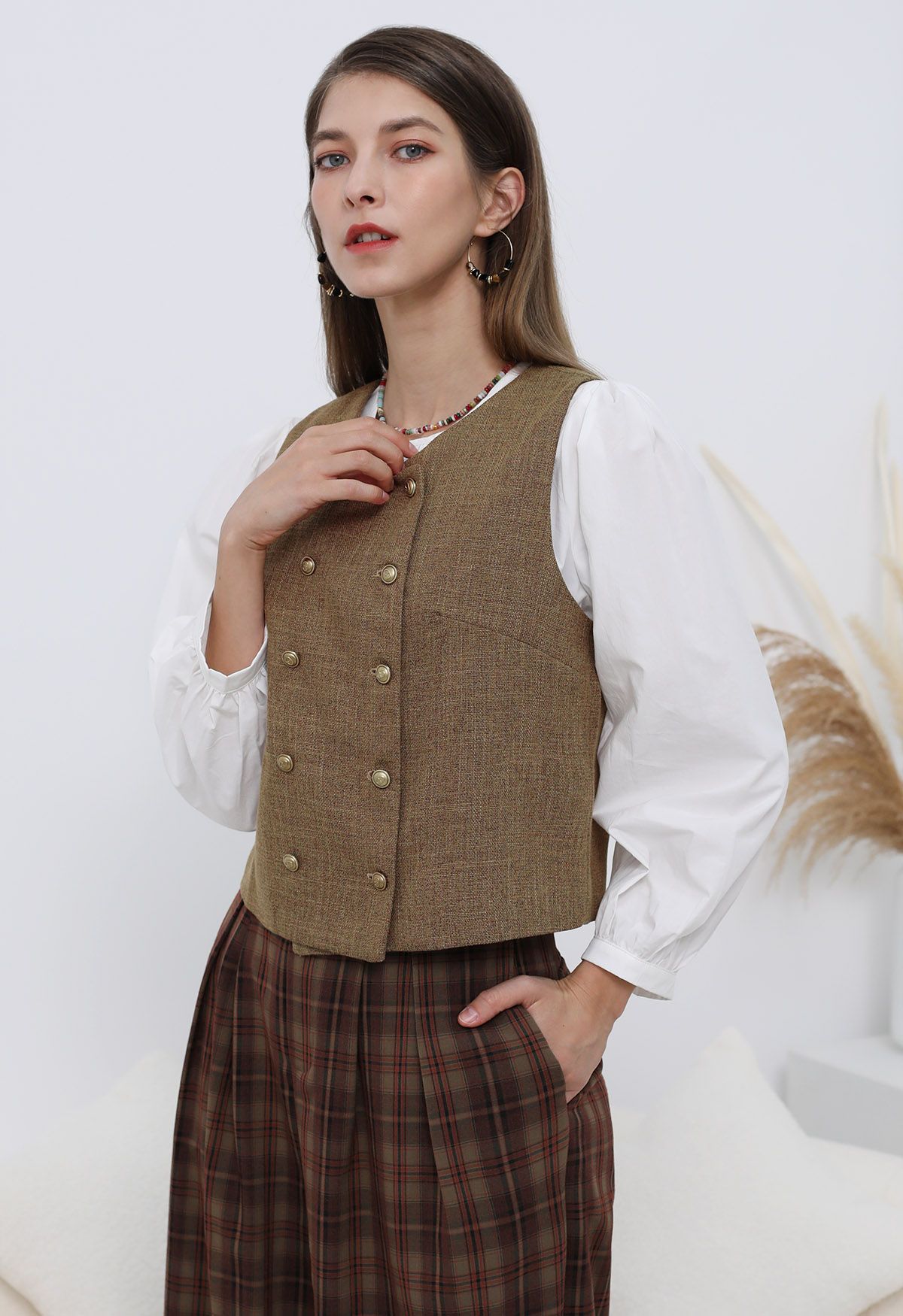 Gilet croisé style preppy camel