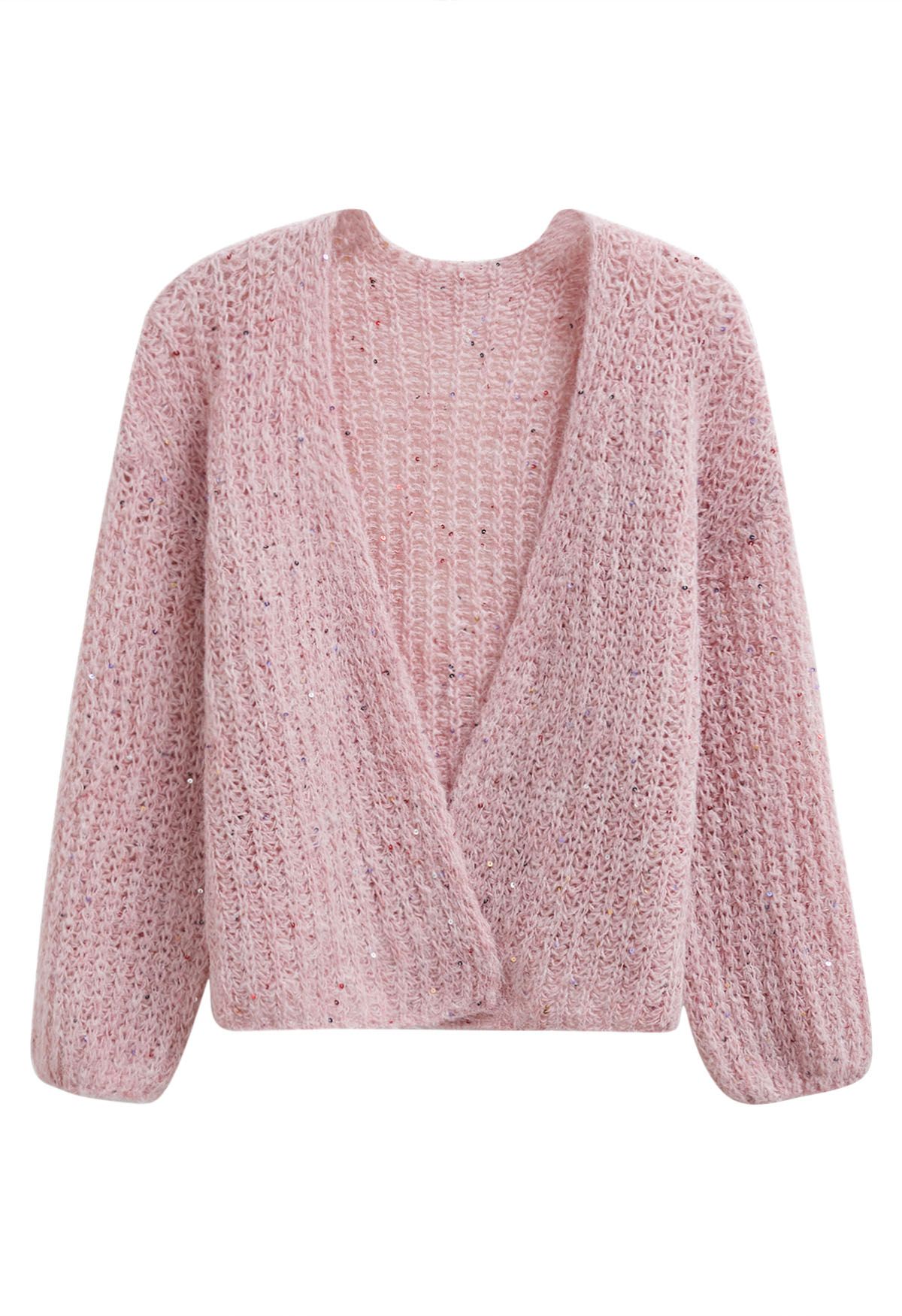 Cardigan en tricot confortable ouvert sur le devant à paillettes colorées en rose