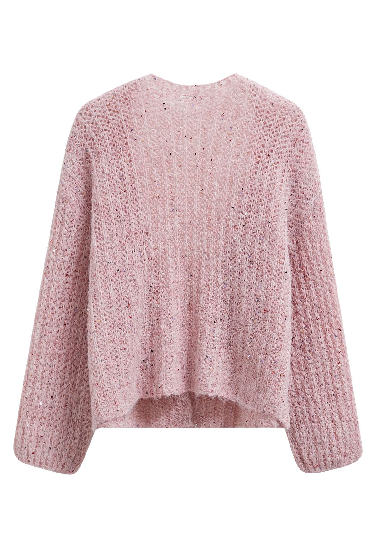 Cardigan en tricot confortable ouvert sur le devant à paillettes colorées en rose