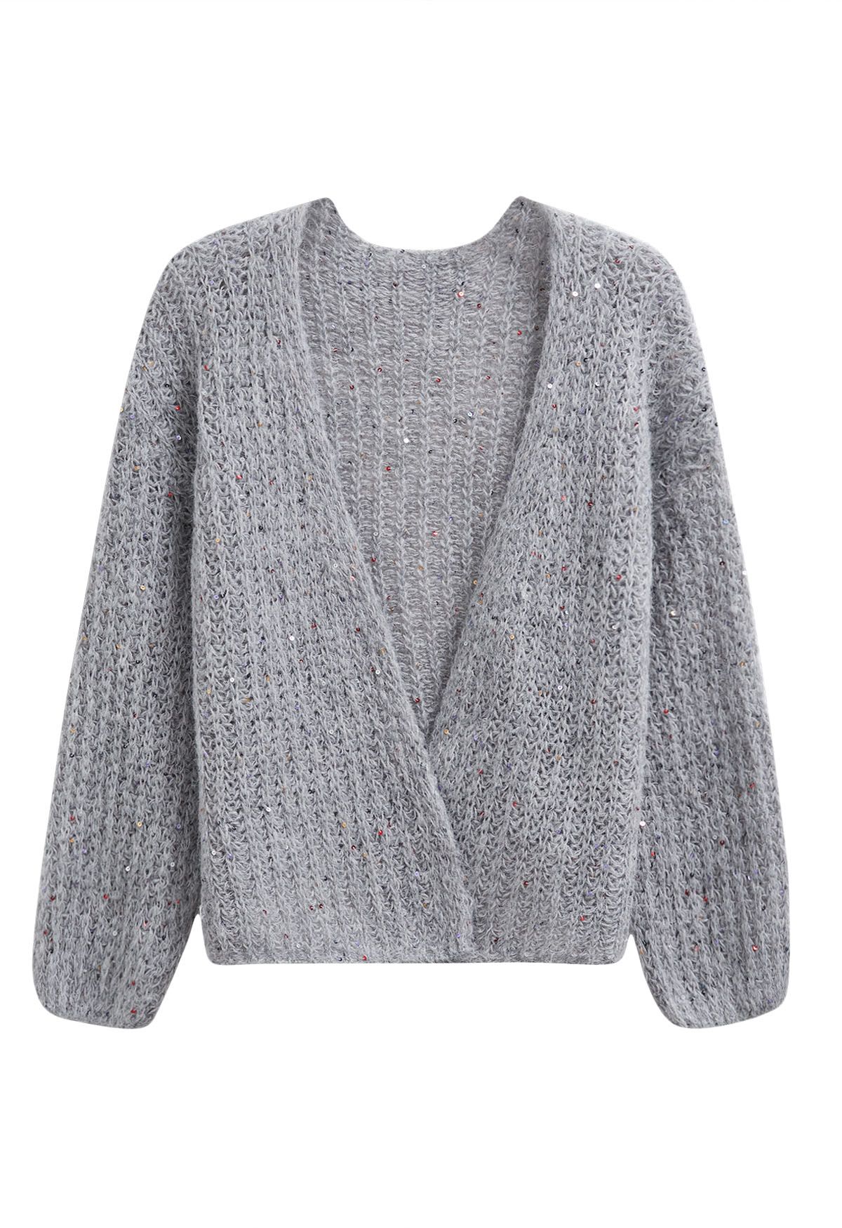 Cardigan en tricot confortable ouvert sur le devant à paillettes colorées en gris