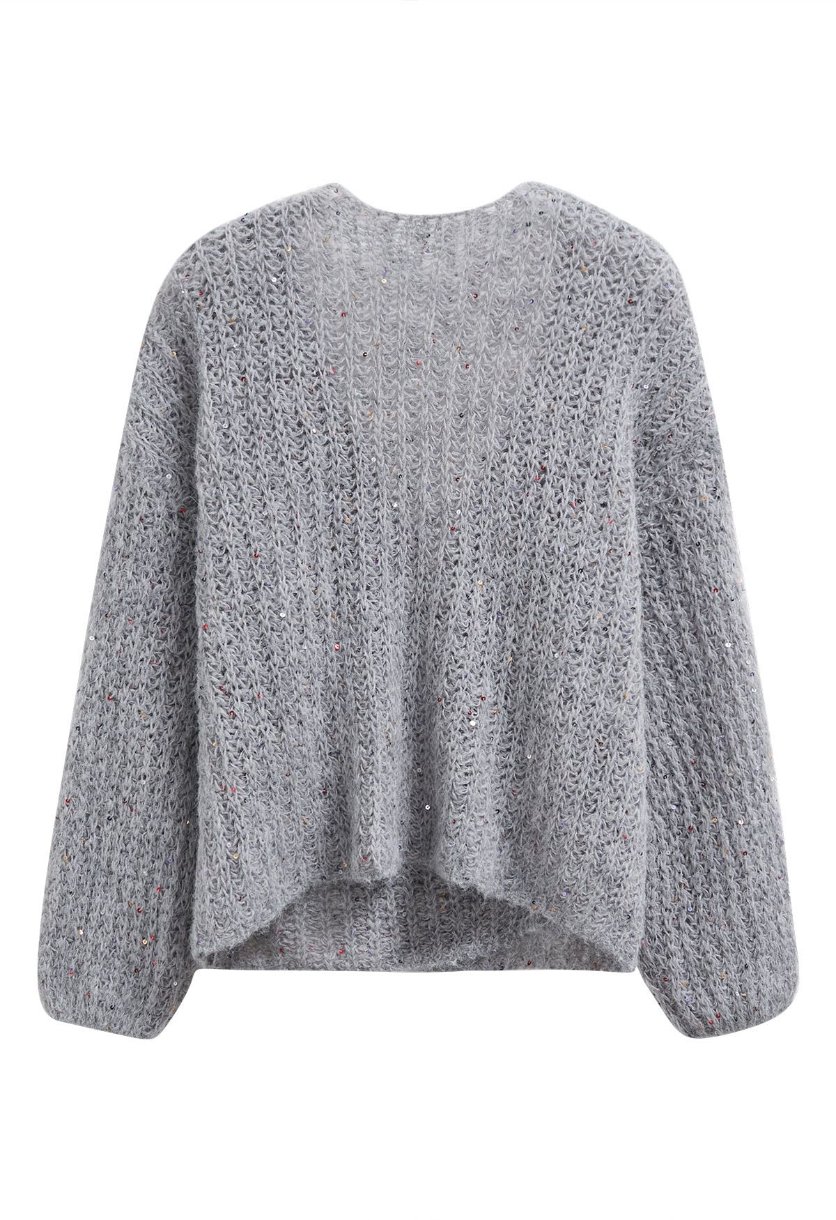 Cardigan en tricot confortable ouvert sur le devant à paillettes colorées en gris