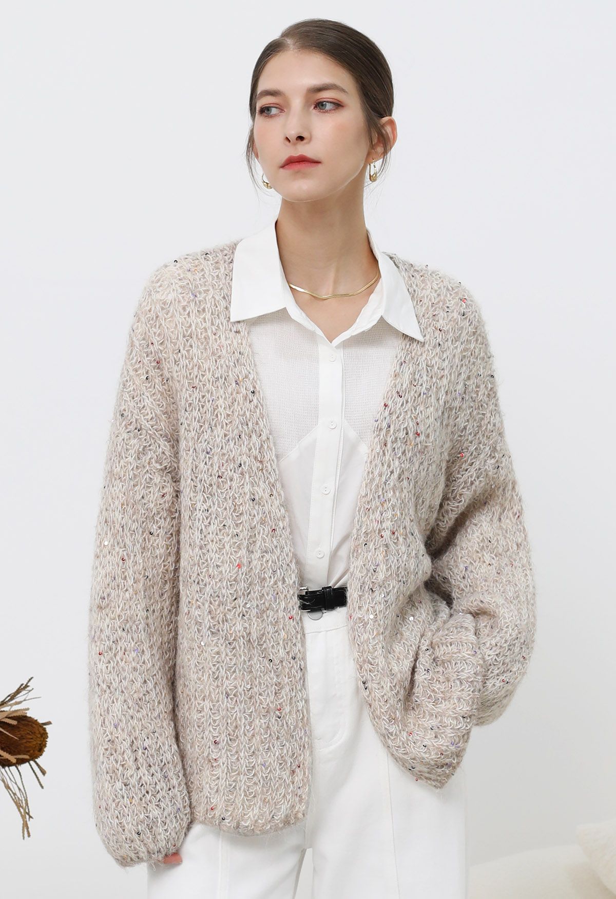 Cardigan en tricot confortable ouvert sur le devant à paillettes colorées en flocons d'avoine