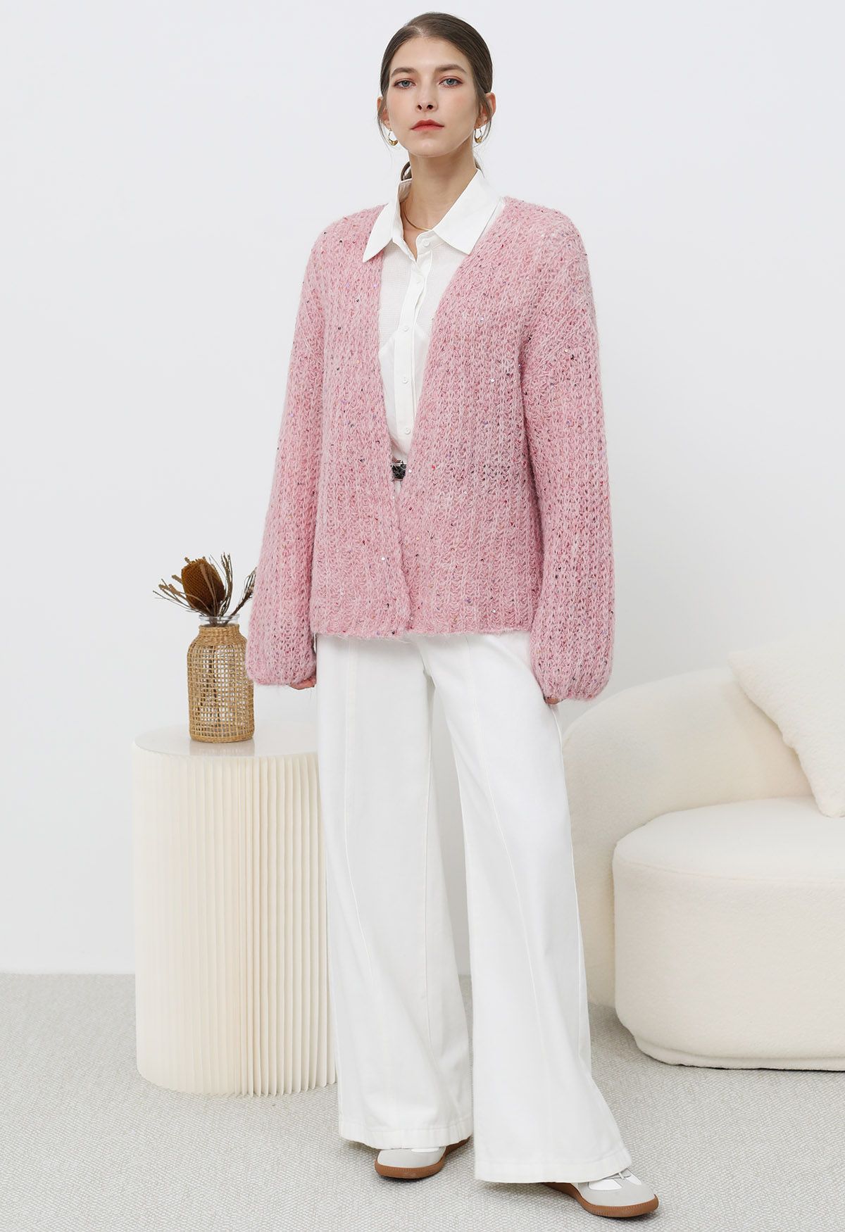 Cardigan en tricot confortable ouvert sur le devant à paillettes colorées en rose