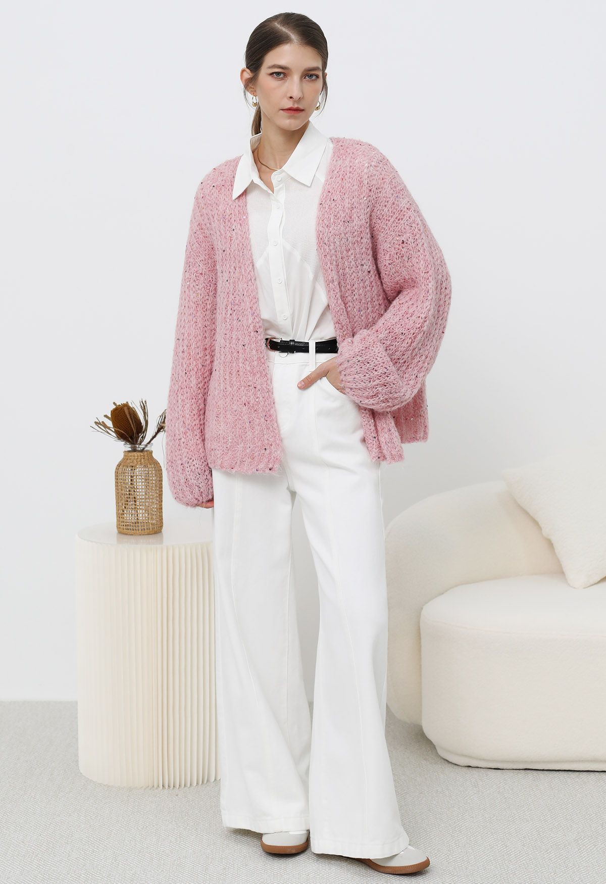 Cardigan en tricot confortable ouvert sur le devant à paillettes colorées en rose