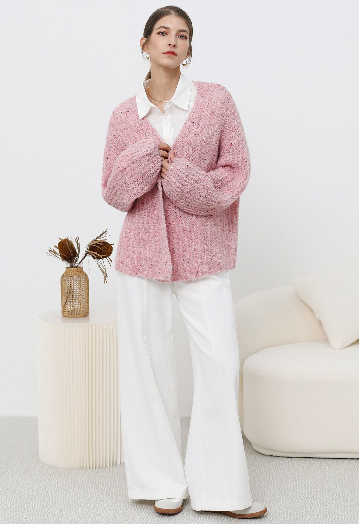 Cardigan en tricot confortable ouvert sur le devant à paillettes colorées en rose