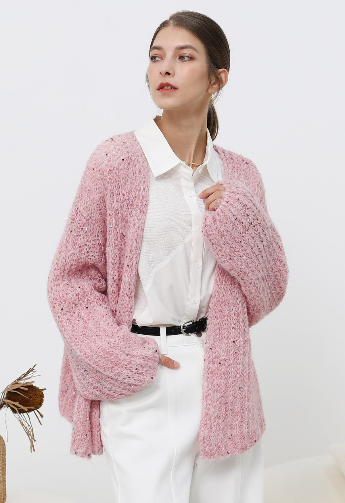 Cardigan en tricot confortable ouvert sur le devant à paillettes colorées en rose