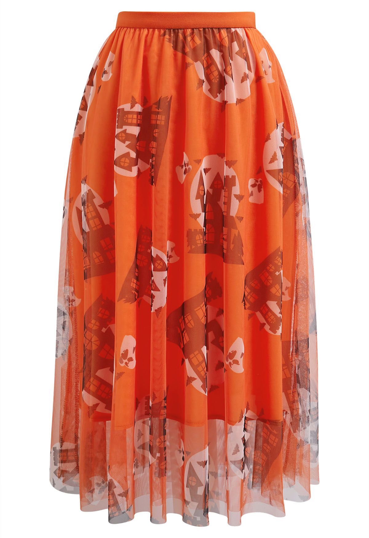 Jupe en tulle orange vif à motif château hanté