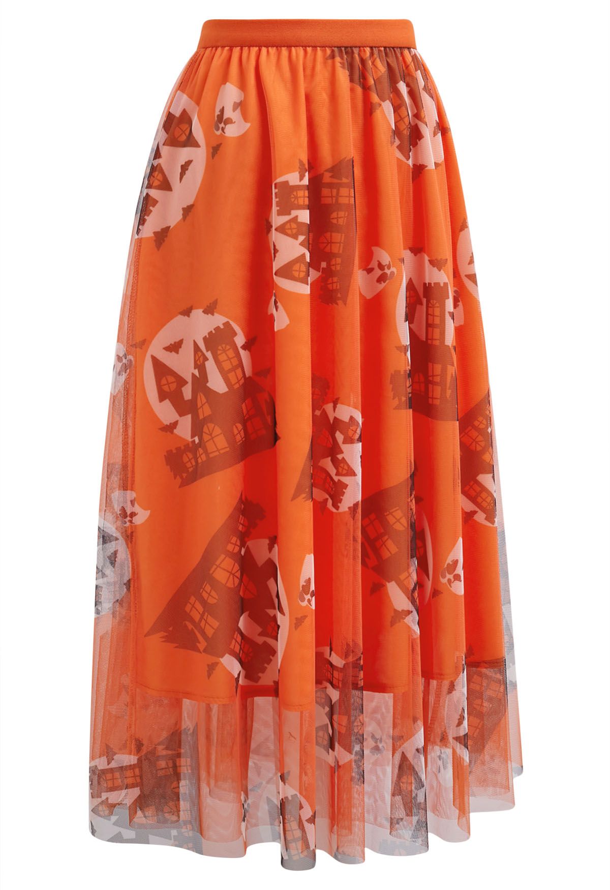 Jupe en tulle orange vif à motif château hanté