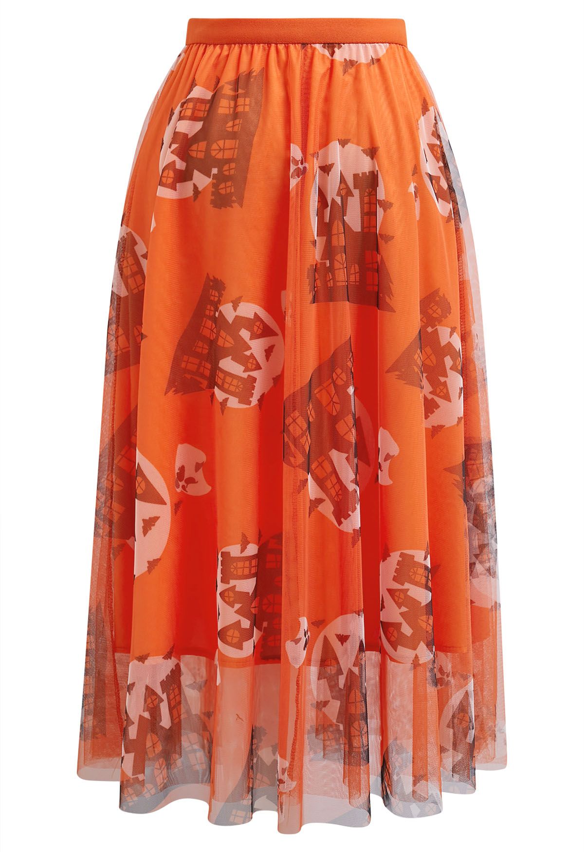 Jupe en tulle orange vif à motif château hanté