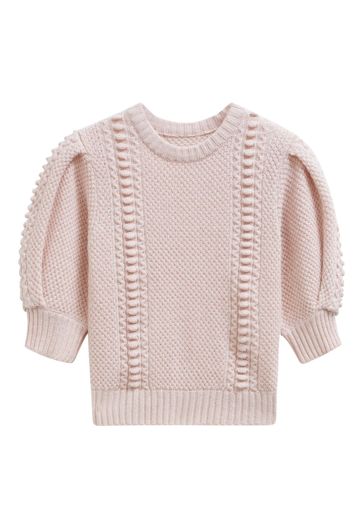 Pull en tricot à manches bouffantes et texture gaufrée en rose