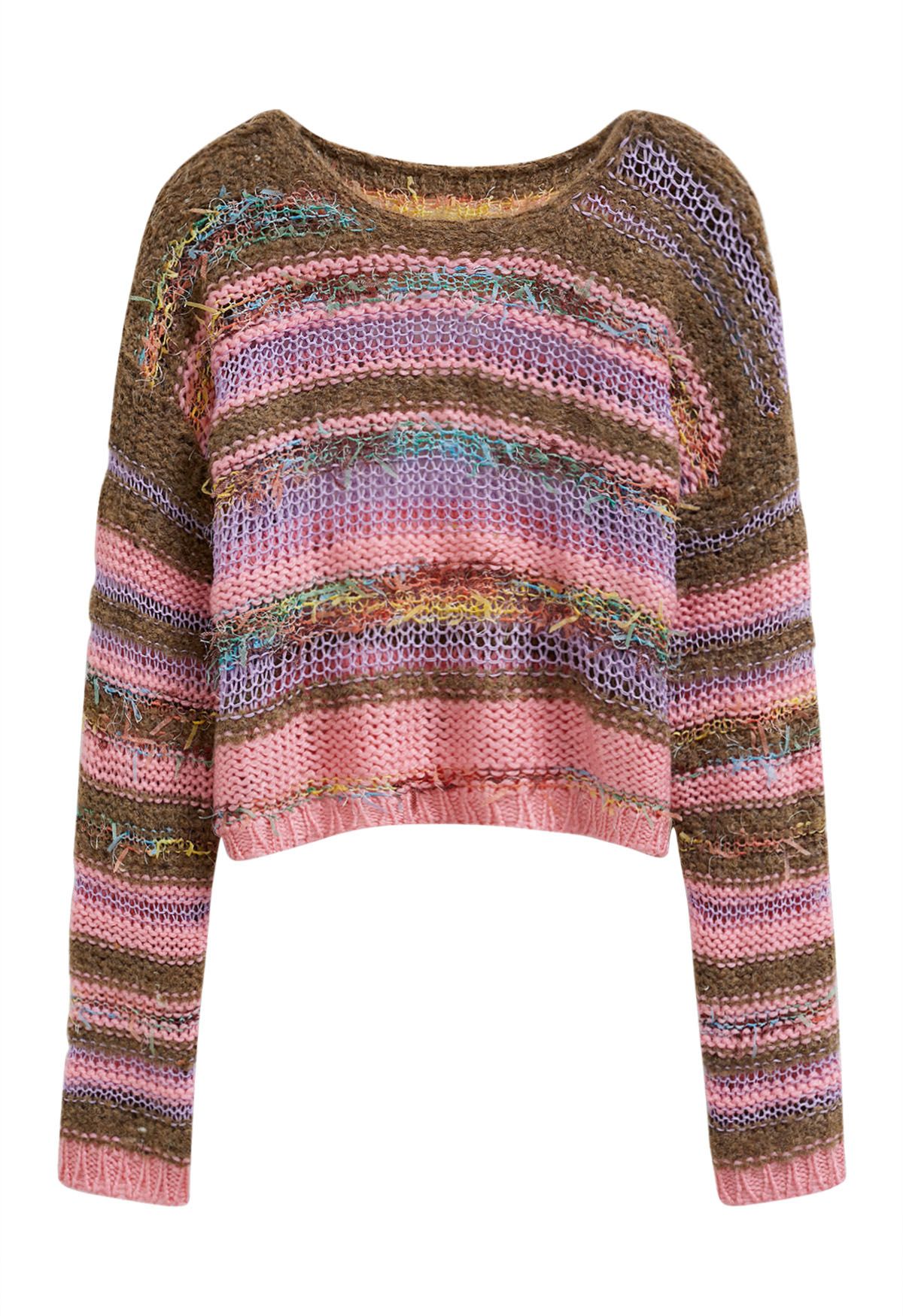 Pull en maille pointelle à rayures multicolores et franges en rose