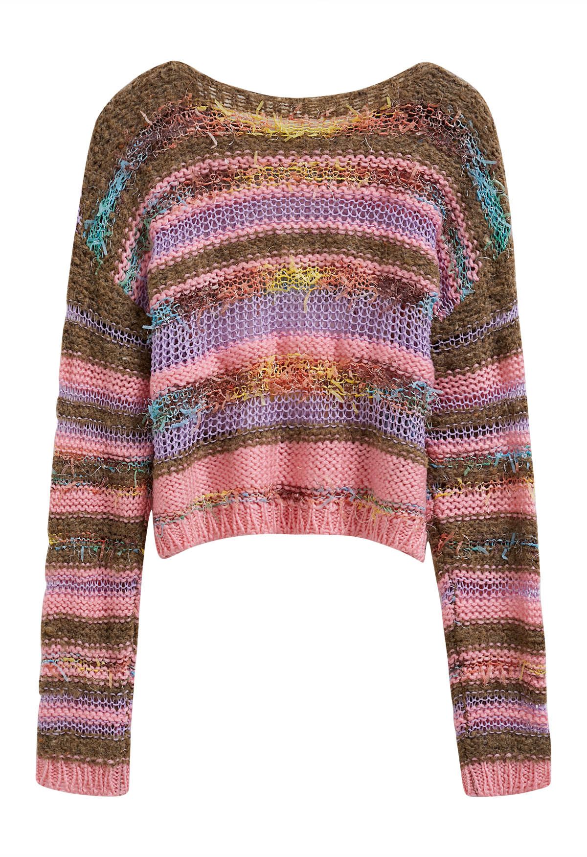 Pull en maille pointelle à rayures multicolores et franges en rose