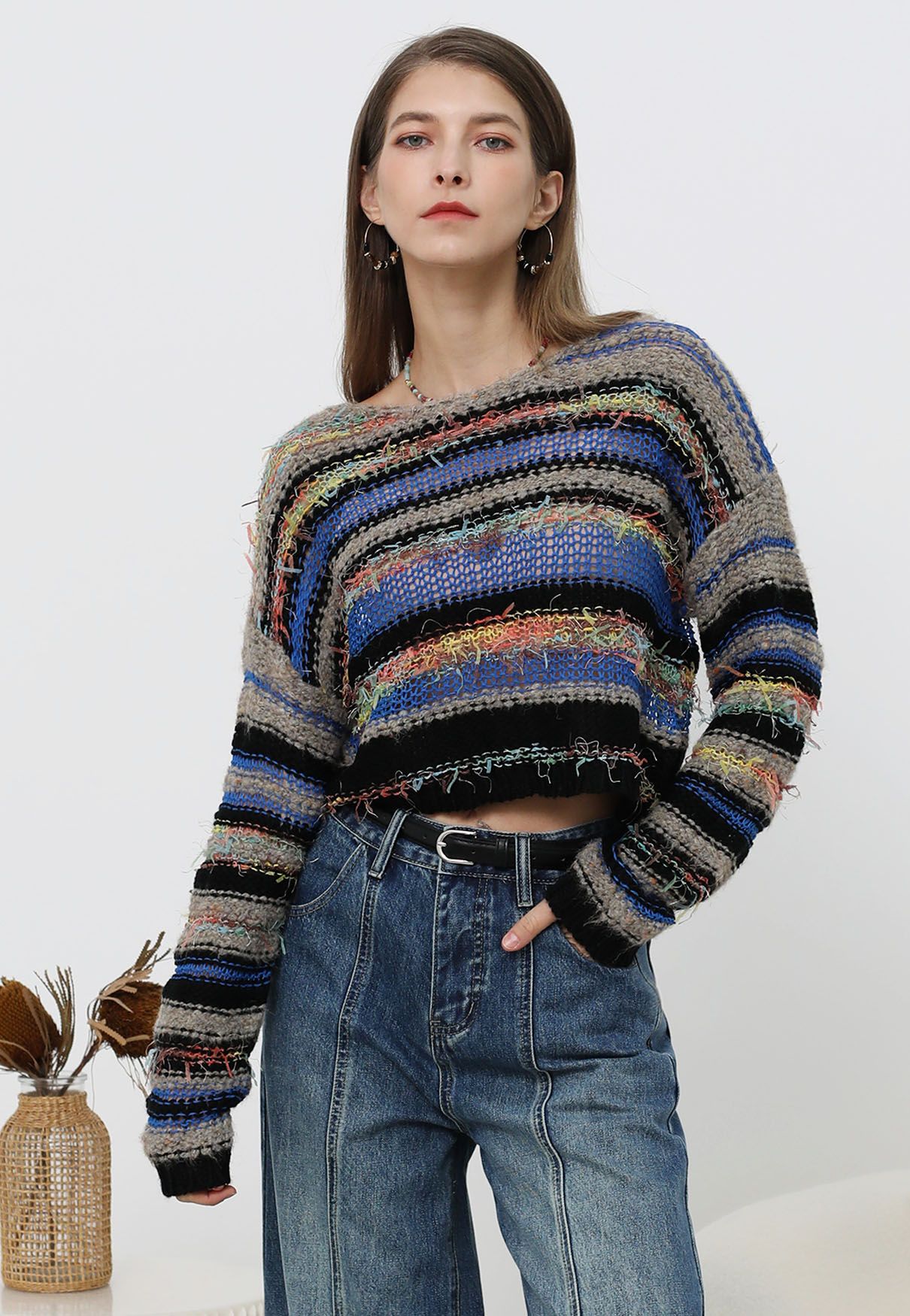 Pull en maille pointelle à rayures multicolores et franges en noir