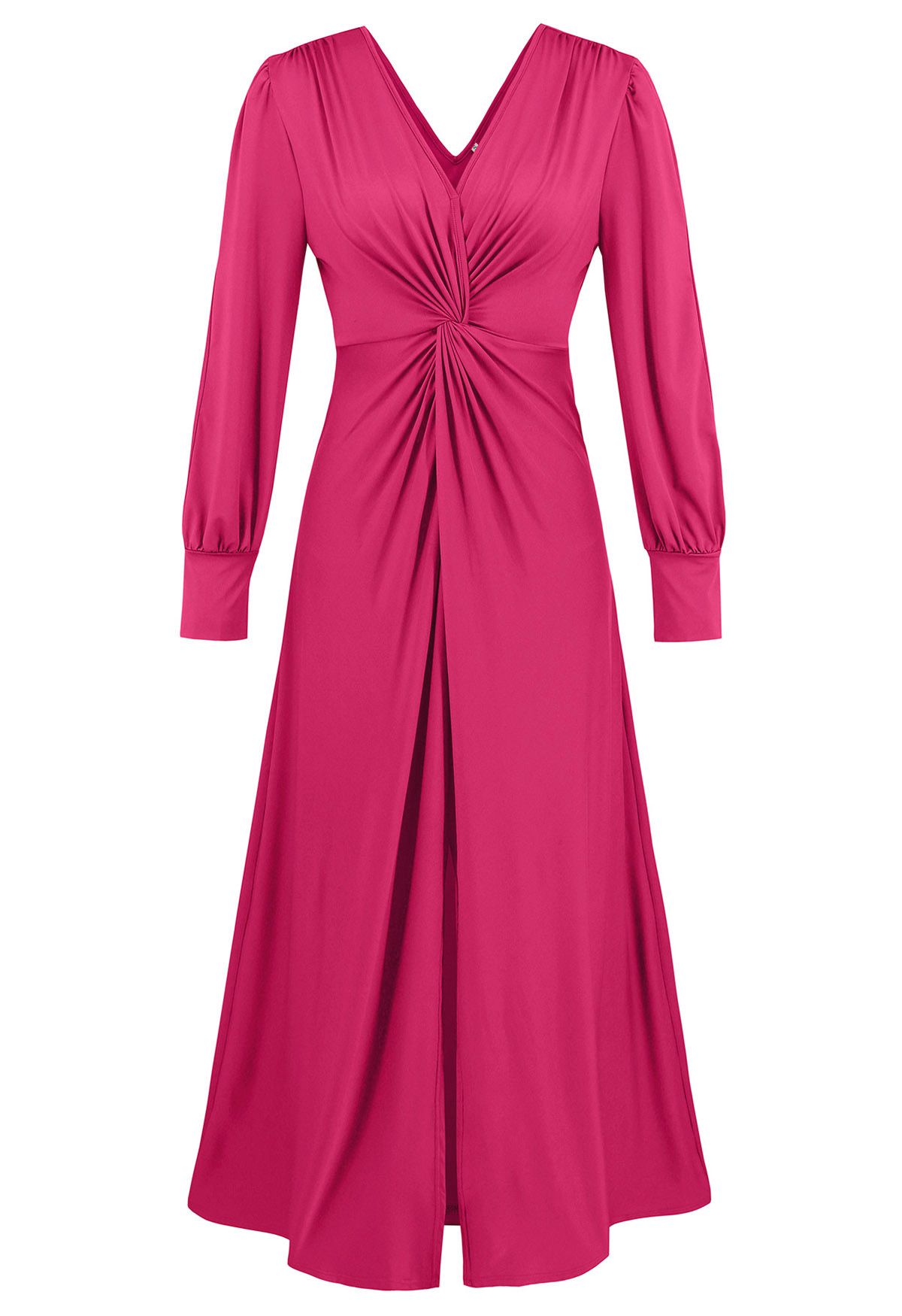 Robe longue à manches découpées et col en V torsadé sur le devant en rose vif