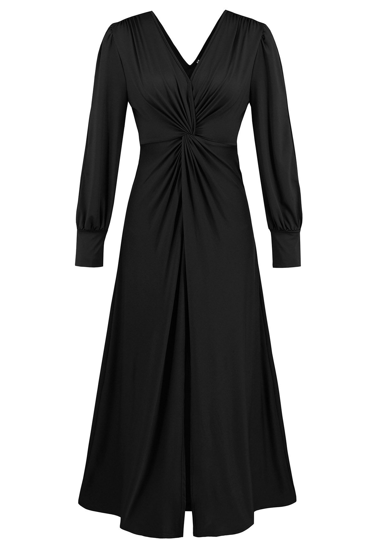 Robe longue noire à manches découpées et col en V torsadé sur le devant