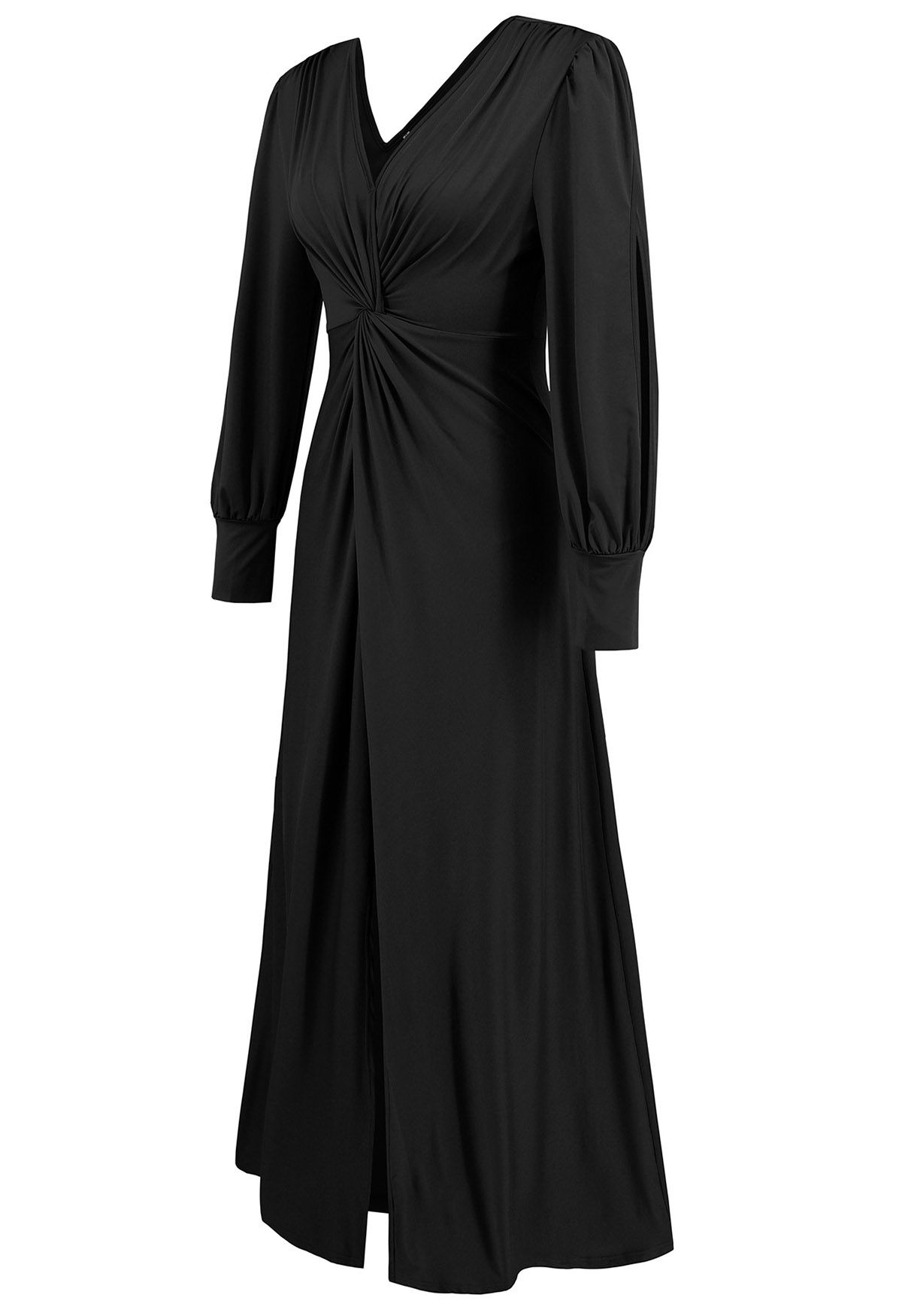 Robe longue noire à manches découpées et col en V torsadé sur le devant