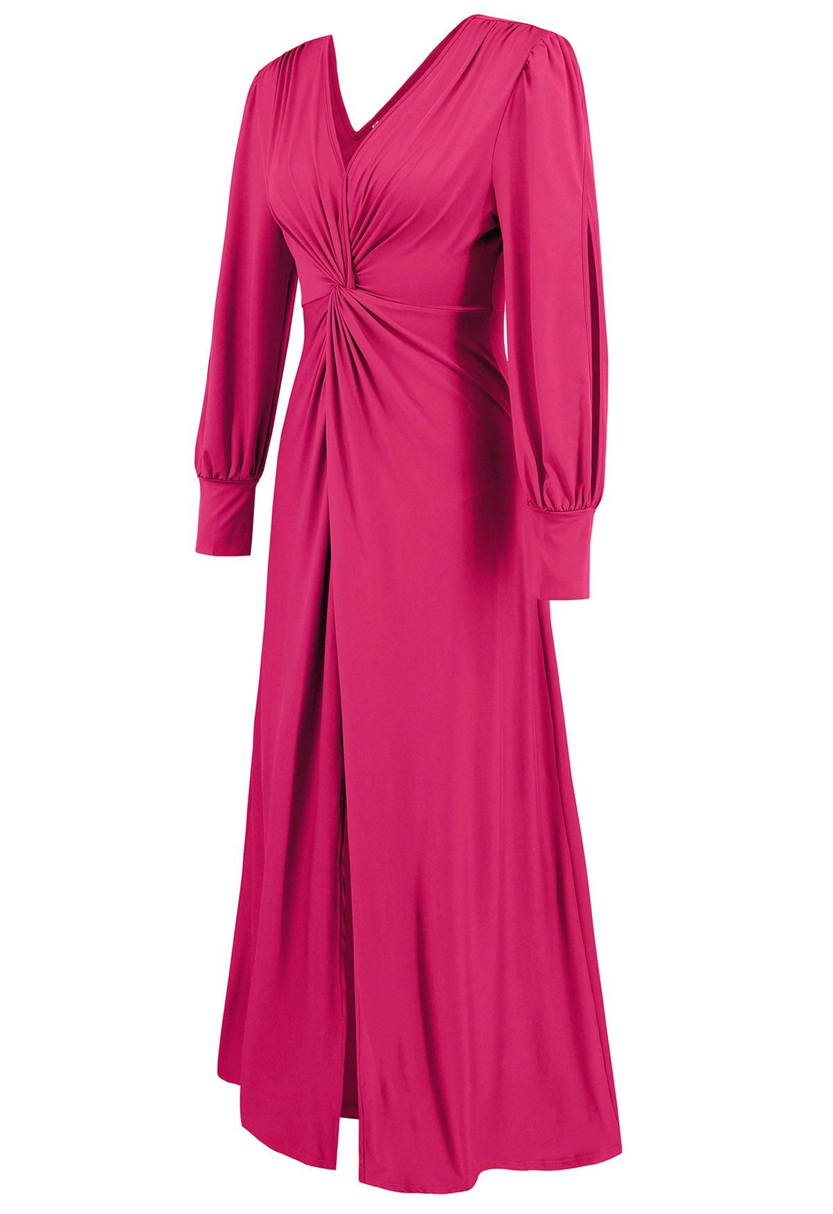 Robe longue à manches découpées et col en V torsadé sur le devant en rose vif