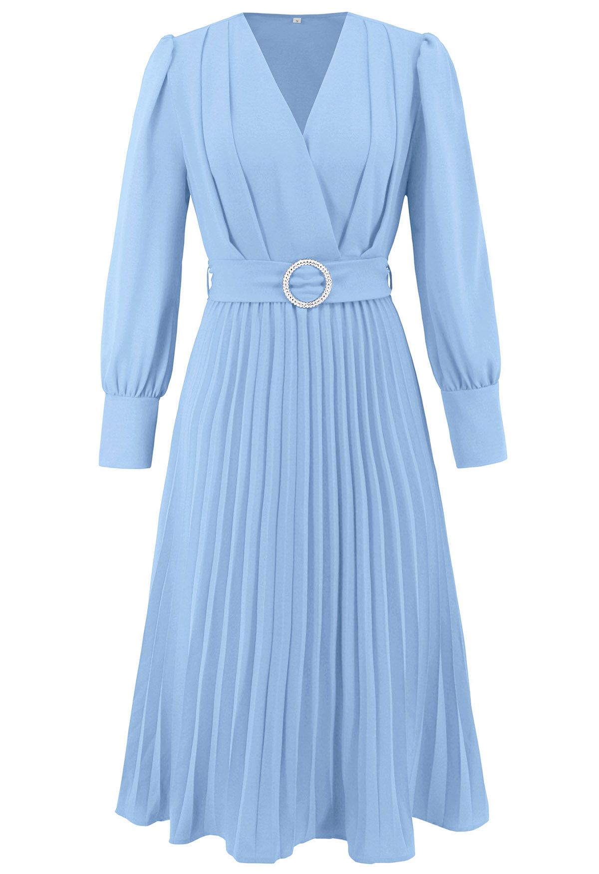 Robe mi-longue portefeuille plissée gracieuse avec ceinture en bleu