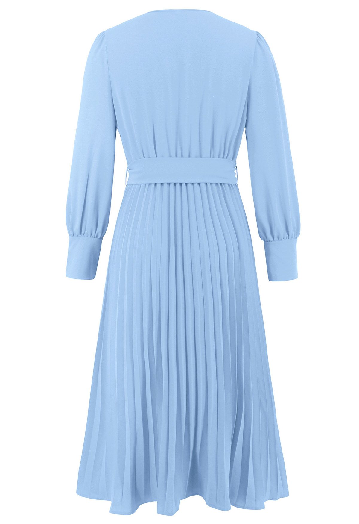 Robe mi-longue portefeuille plissée gracieuse avec ceinture en bleu