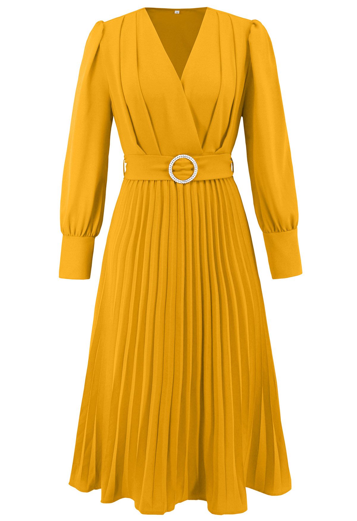 Robe mi-longue portefeuille plissée gracieuse avec ceinture en jaune