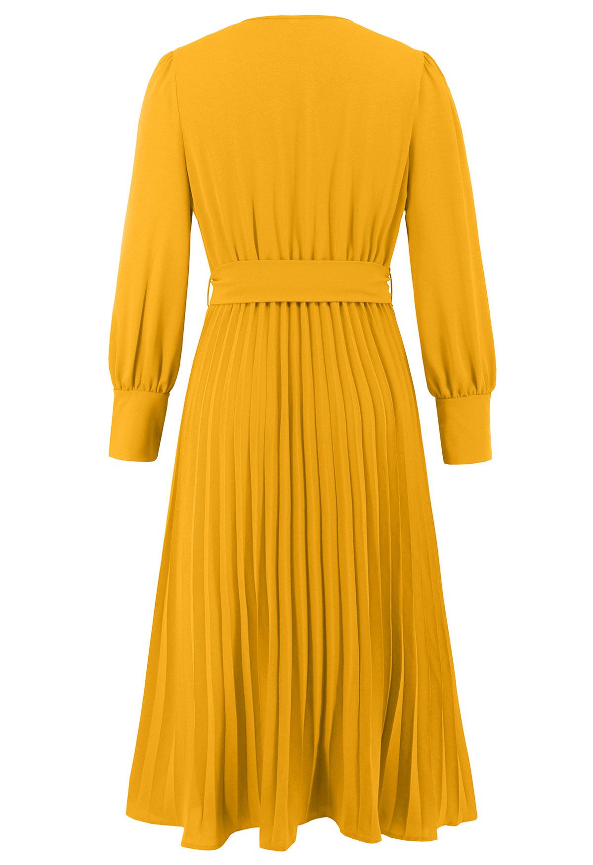 Robe mi-longue portefeuille plissée gracieuse avec ceinture en jaune