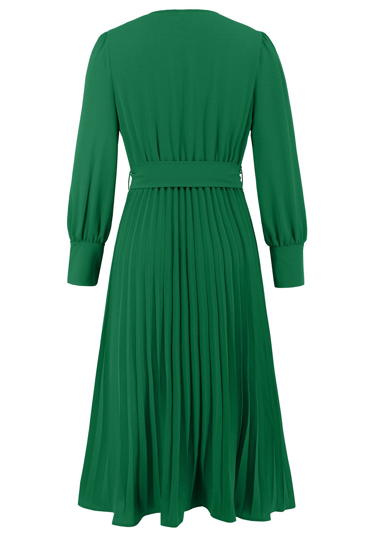 Robe mi-longue portefeuille plissée gracieuse avec ceinture en vert