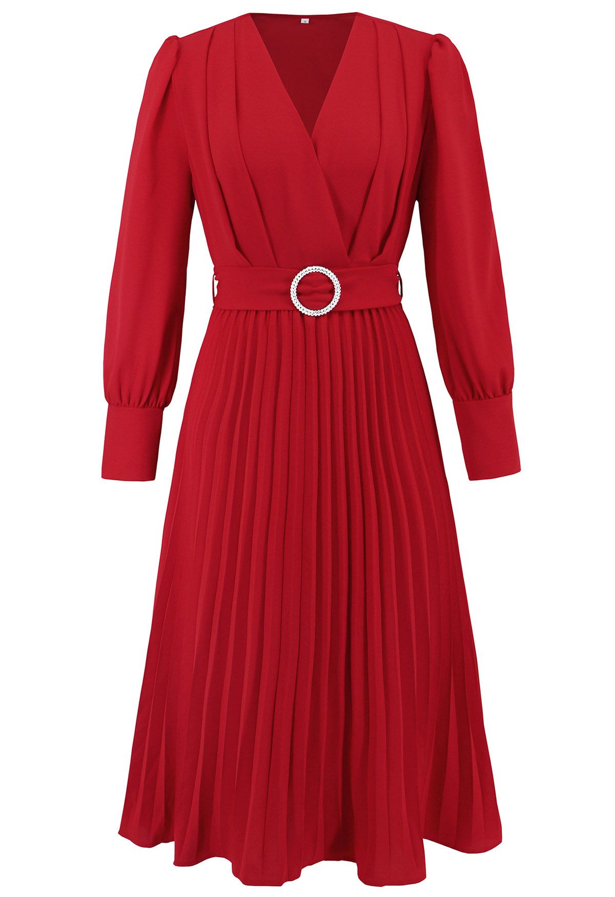 Robe mi-longue portefeuille plissée gracieuse avec ceinture en rouge