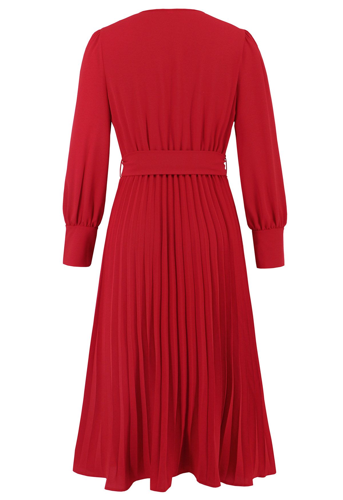 Robe mi-longue portefeuille plissée gracieuse avec ceinture en rouge