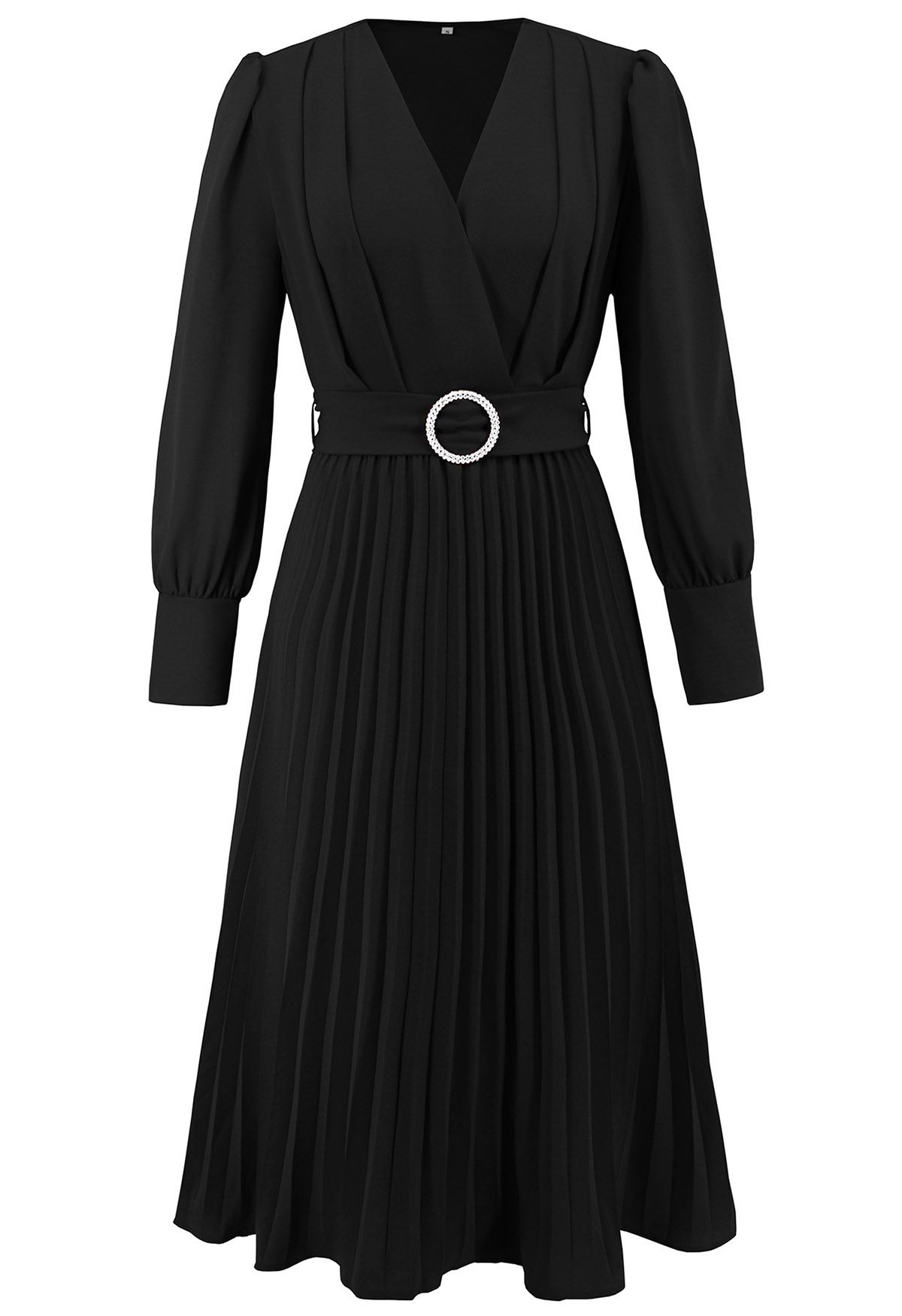 Robe mi-longue portefeuille plissée gracieuse avec ceinture en noir