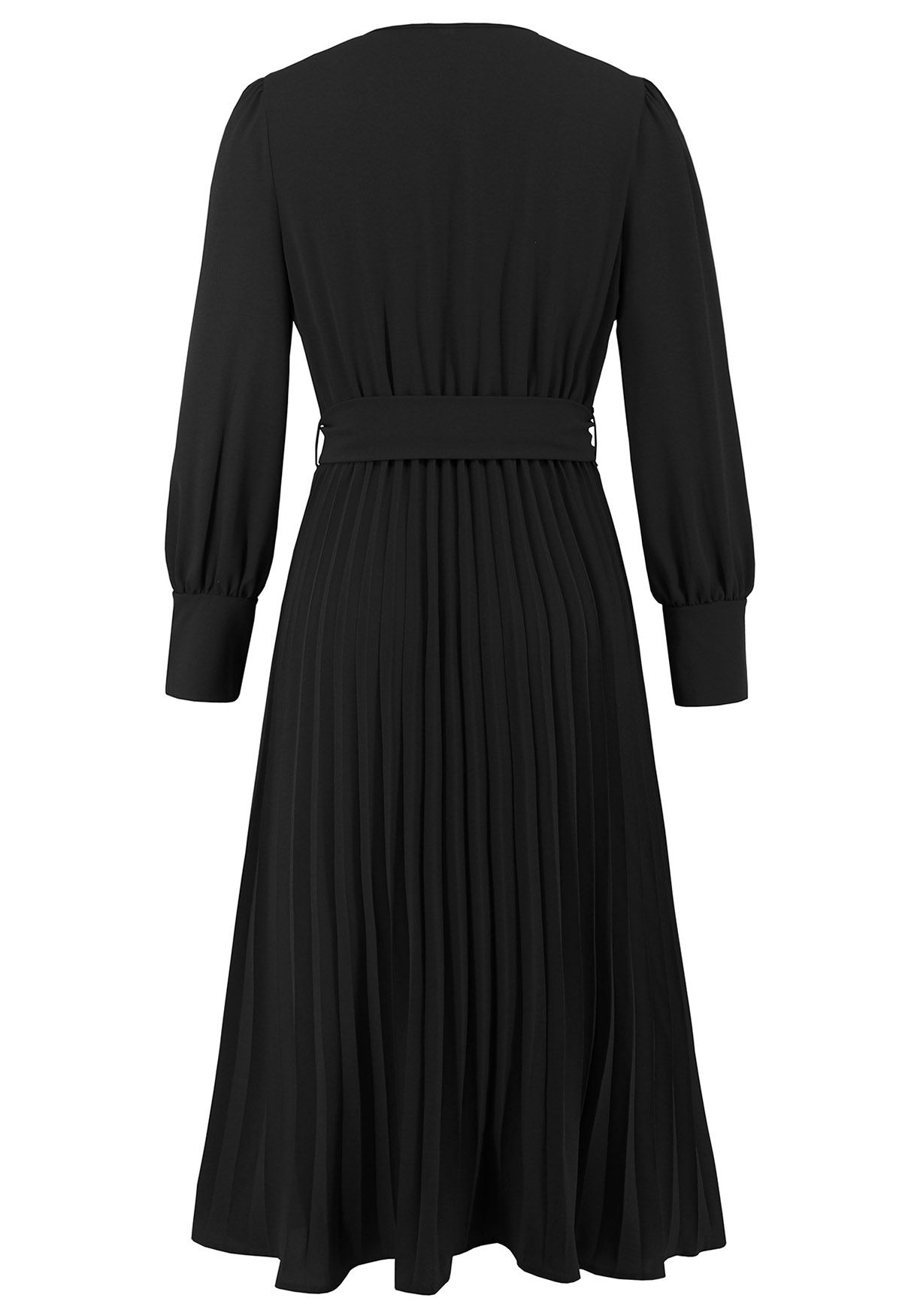 Robe mi-longue portefeuille plissée gracieuse avec ceinture en noir