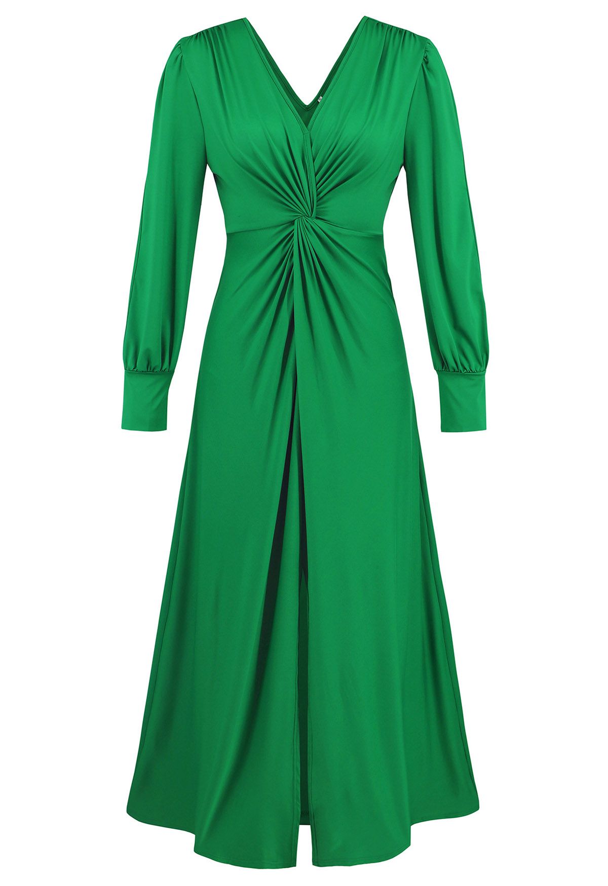 Robe longue à manches découpées et col en V torsadé sur le devant en vert