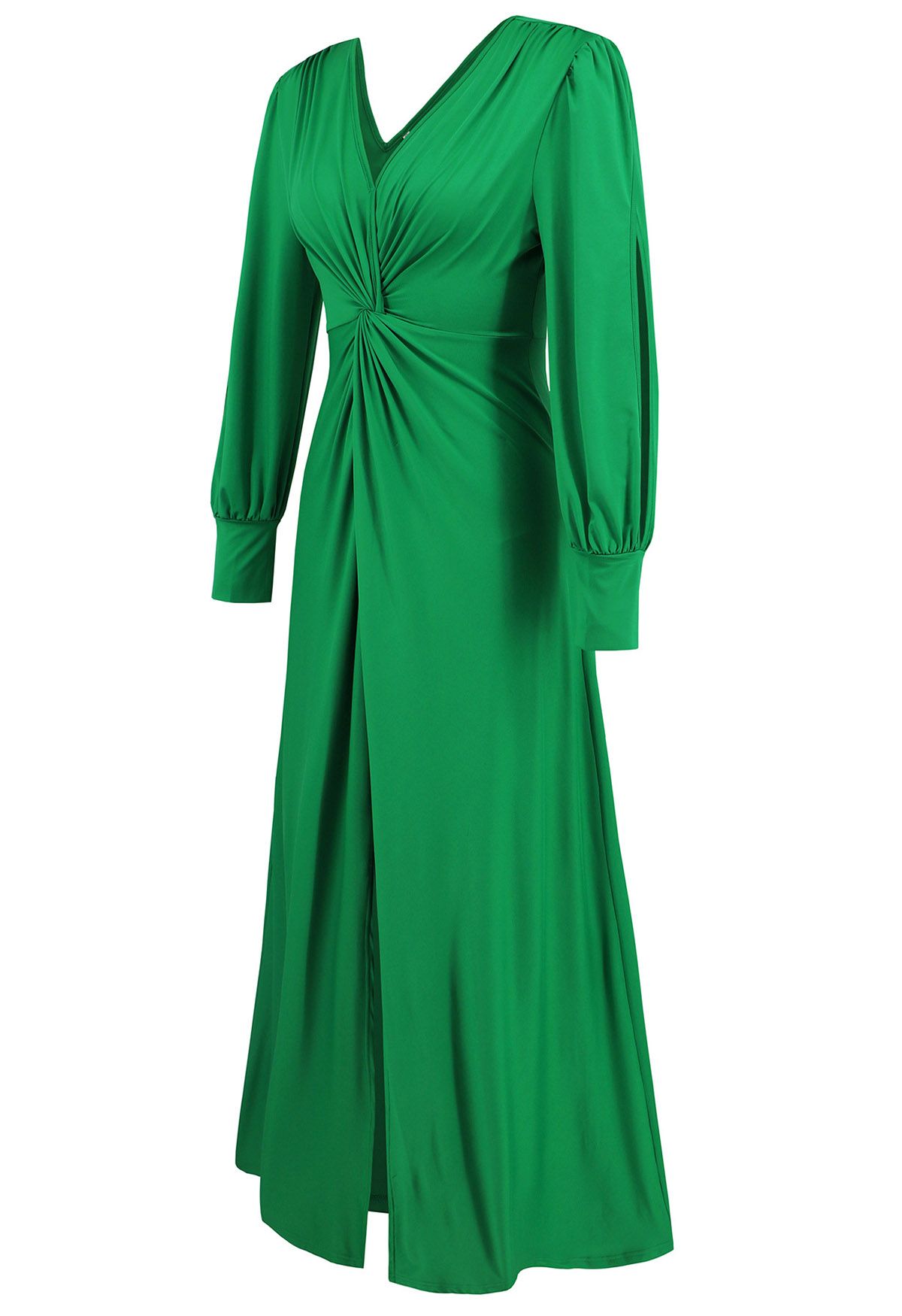 Robe longue à manches découpées et col en V torsadé sur le devant en vert