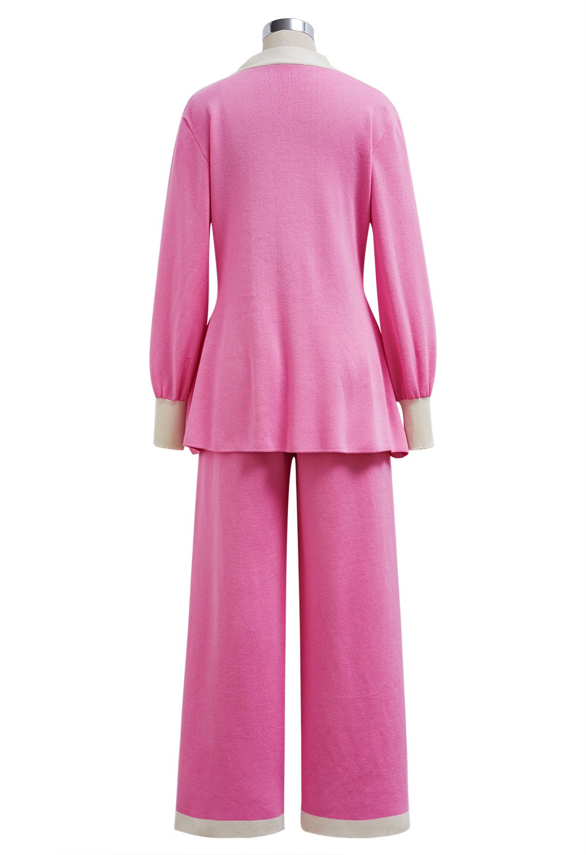 Ensemble pull et pantalon en tricot à nœud papillon et bordure contrastante en rose bonbon