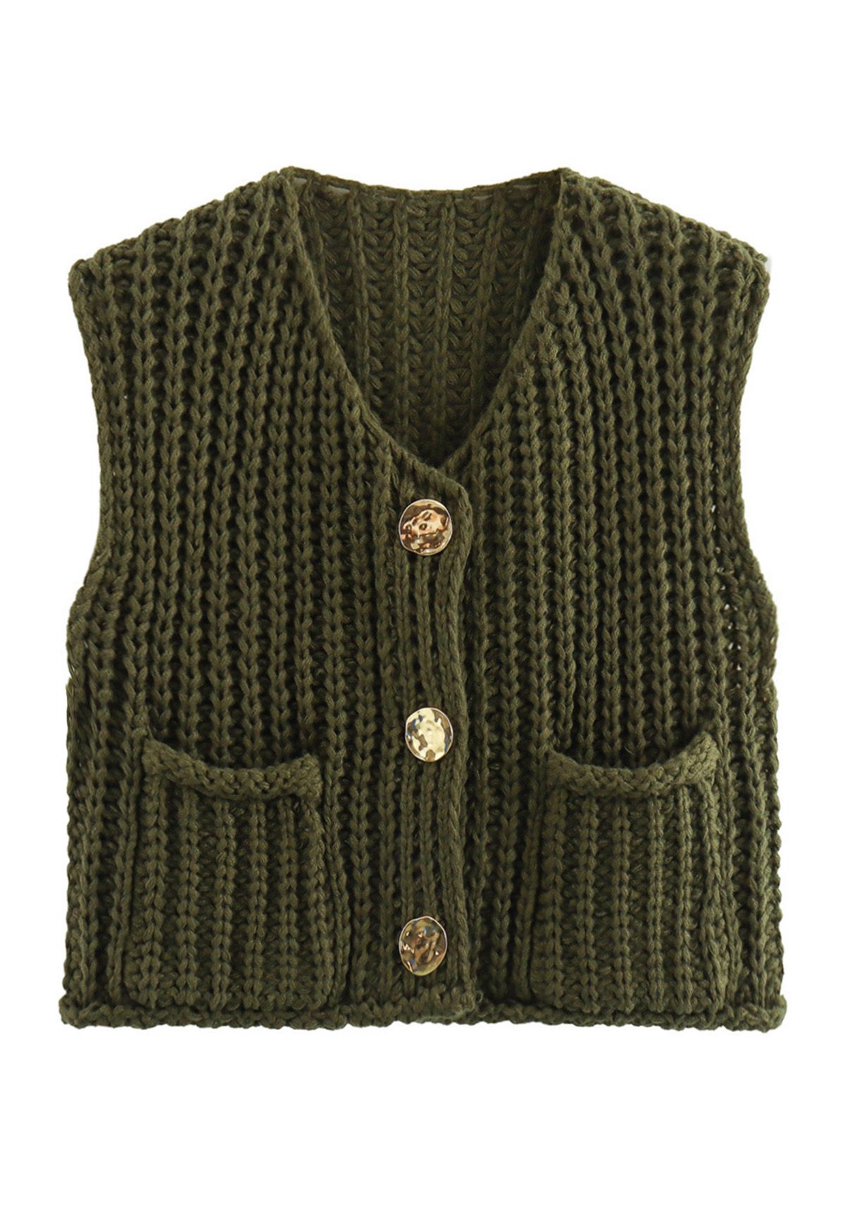 Gilet en tricot épais avec poches plaquées et boutons dorés audacieux en vert armée