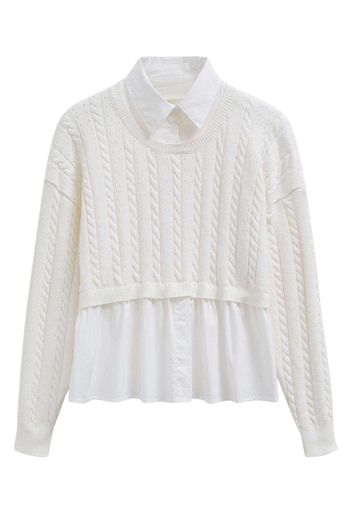 Chemise à col en tricot faux deux pièces en blanc