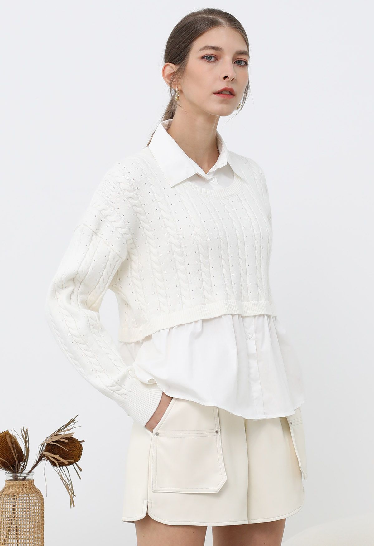 Chemise à col en tricot faux deux pièces en blanc